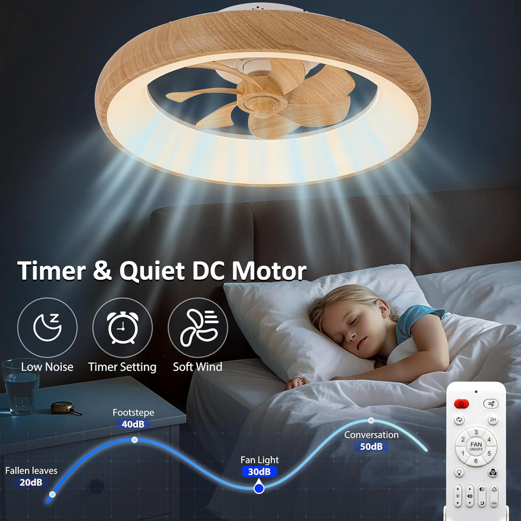 Low Profile Ceiling Fans with Lights, Dimmable Smart RGB Ceiling Fan with Alexa/Google Assistant/App/Remote Control, 6-Speeds Reversible Woodgrain LED Ceiling Fan for Bedroom Kitchen Foyer