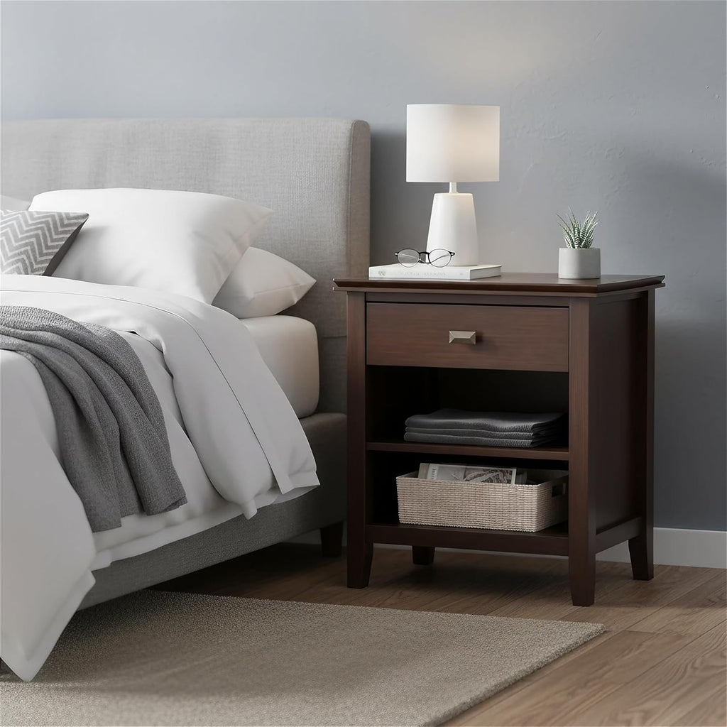 SIMPLIHOME Artisan Bedside Table - 24 inch Wide Solid Wood Nightstand Table in Autumn Brown, Contemporary Side or End Table with 1 Drawer, Open Shelf Storage and Bronze Knobs