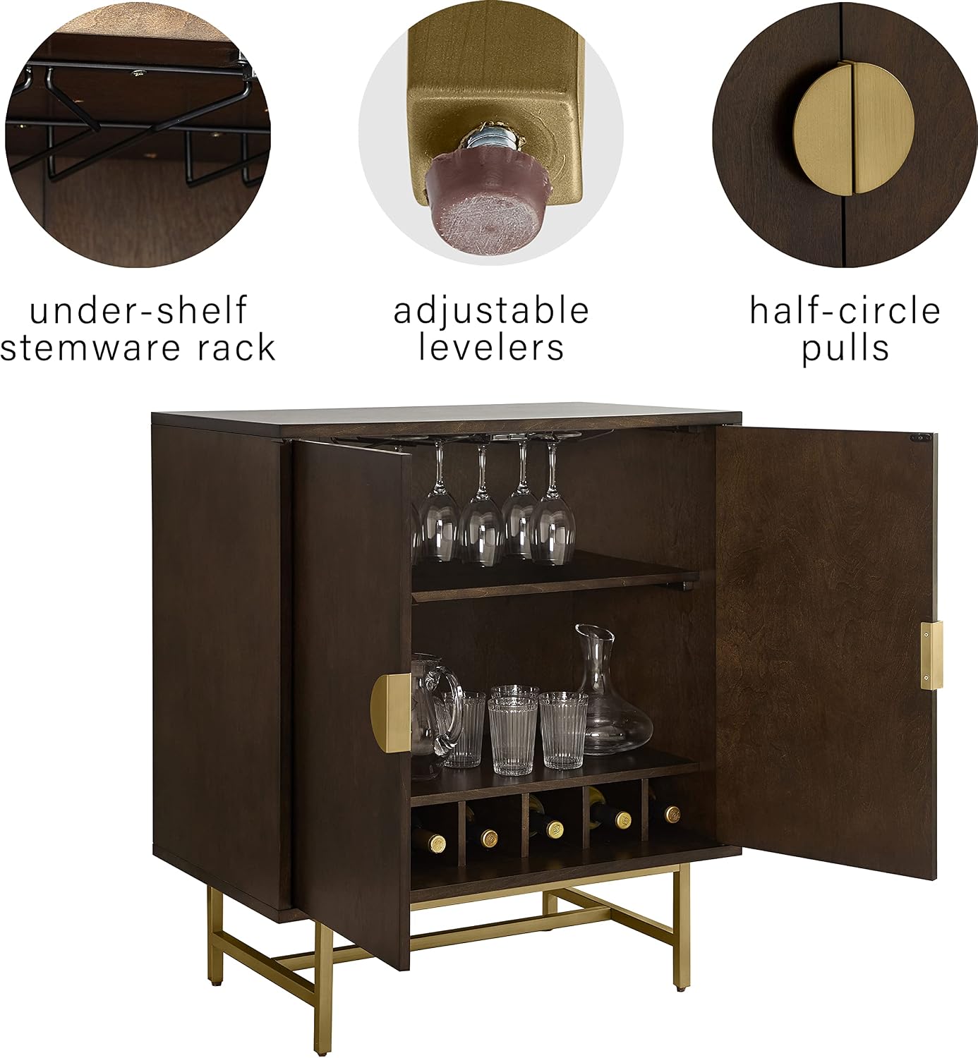 Crosley Furniture Blair Bar Cabinet with Storage Shelves and Wine Rack, Dark Brown/Gold