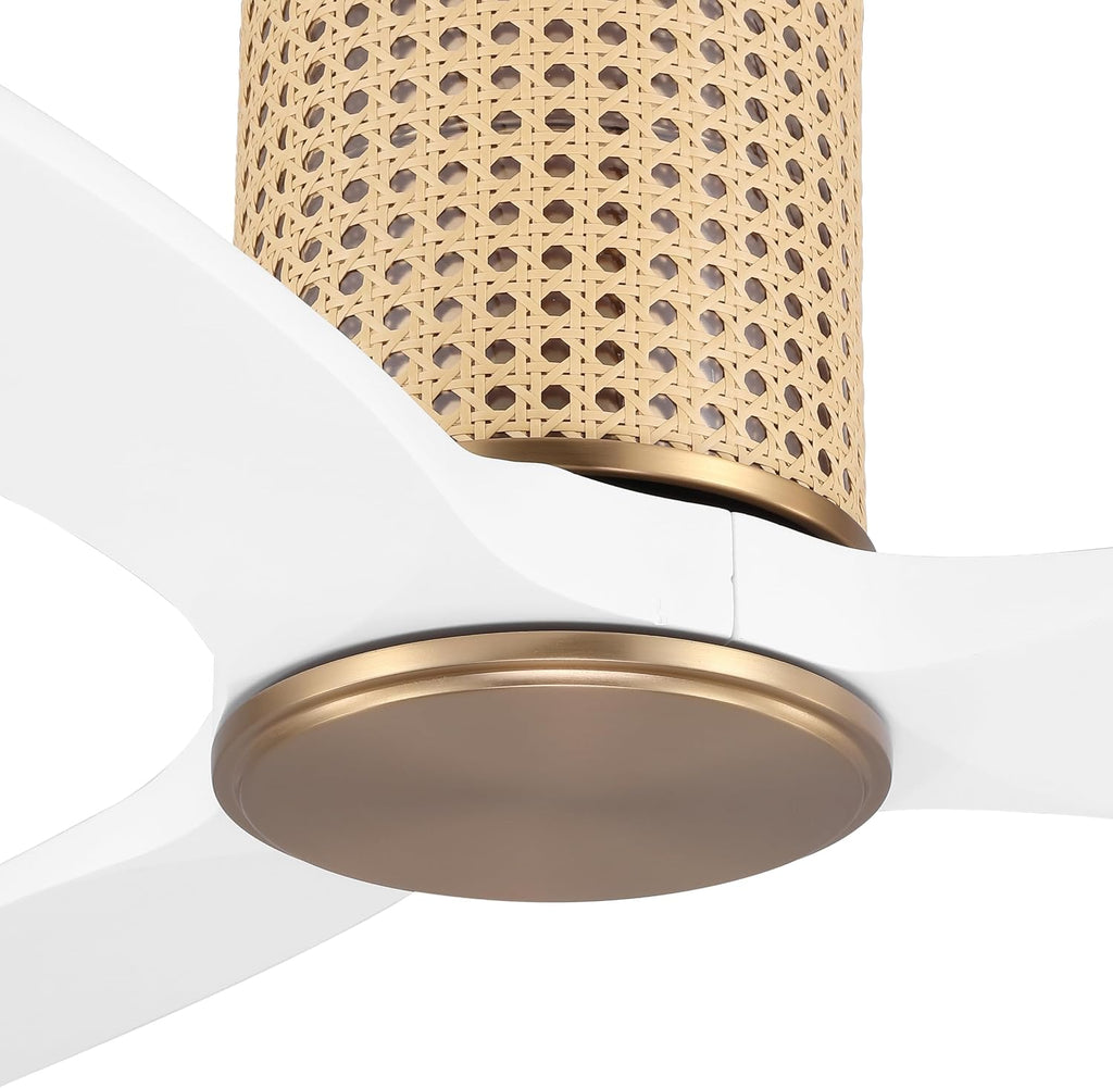 LEDLUX 48' Ceiling Fan No Light - Low Profile Flush Mount Ceiling Fan, 6-Speed Remote Control, Solid Wood, Quiet Reversible DC Motor, White/Gold Finish, for Bedroom, Living Room, Porch