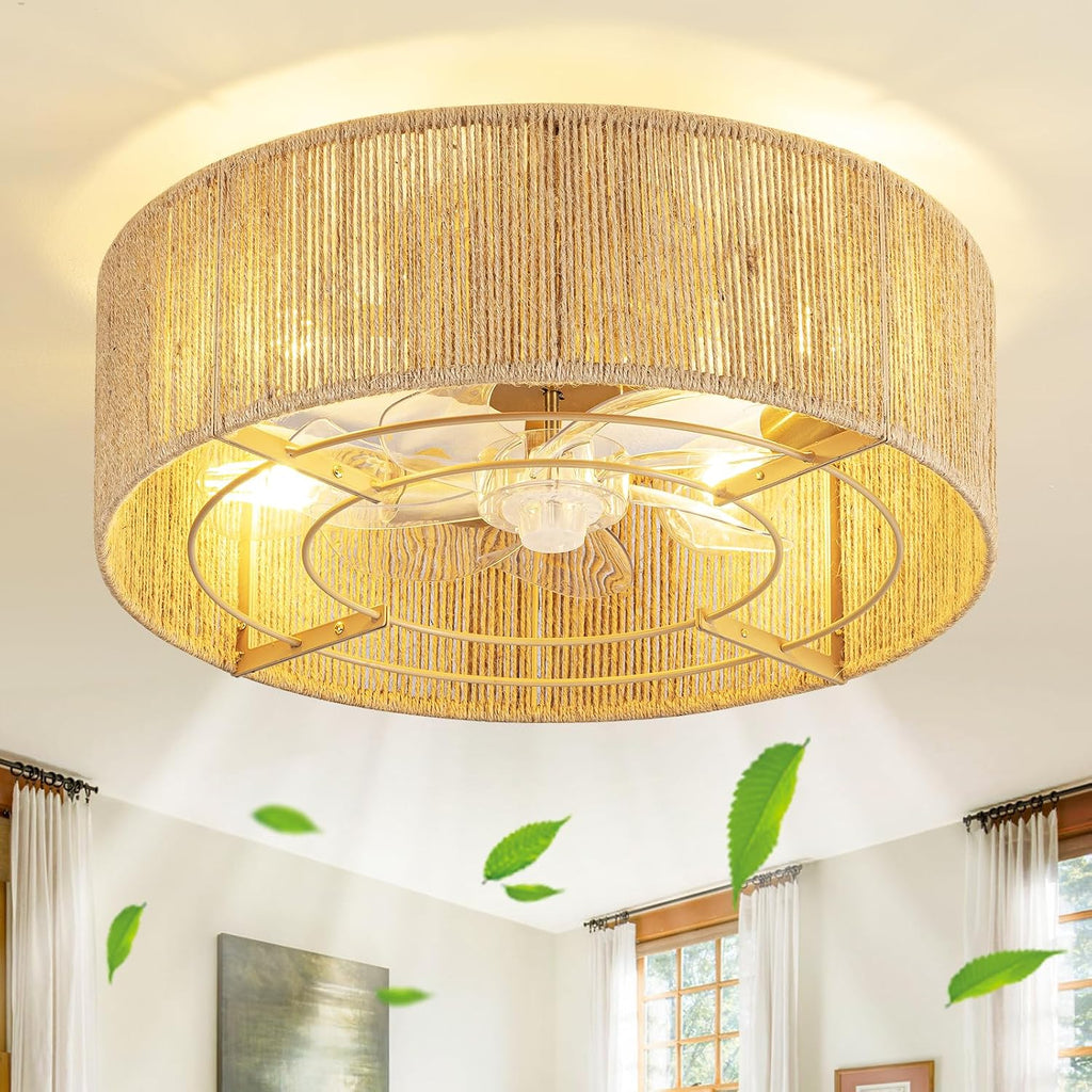 Cage Ceiling Fan with Light,Rattan Ceiling Fan with Light and Remote Control,Enclosed Low Profile Caged Design, 6 Speed Quiet Reversible Motor for Bedroom, Living Room, Porch, Nursery
