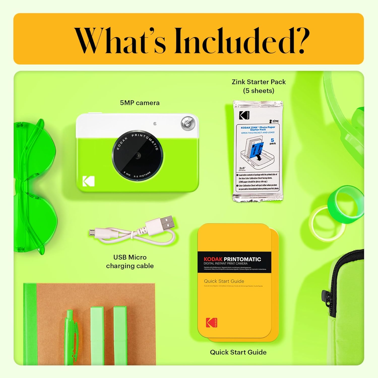 Kodak Printomatic Full-Color Instant Print Camera Gift Bundle + Soft Case + Zink 2x3 Sticky Back Photo Paper 20pk + Album + Sticker Sets + Sticker Frames + Hanging Frames + Markers, Fun Gift - Green