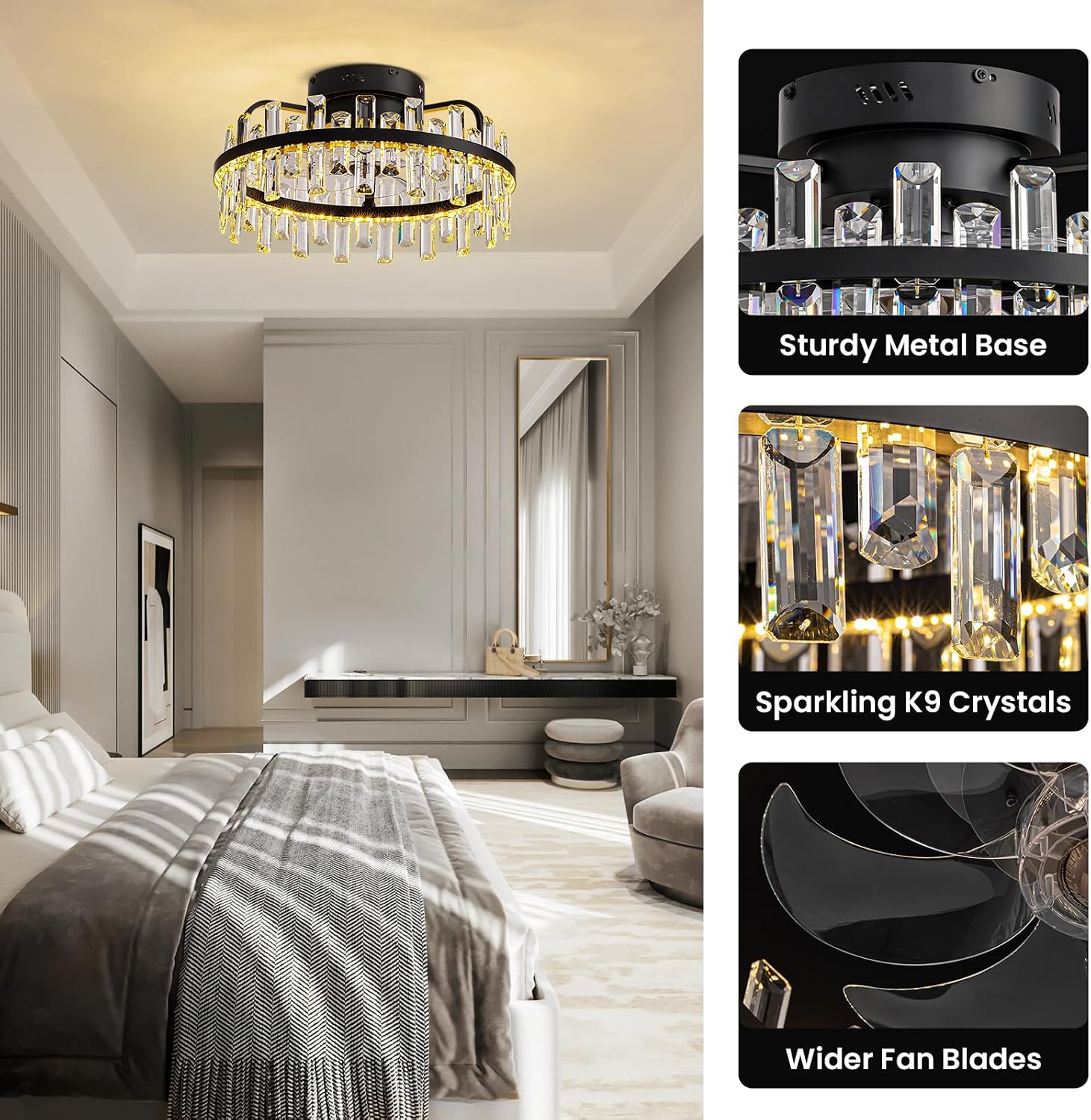 20' Crystal Ceiling Fans with Lights Remote Control Dimmable 6 Speeds Reverible Timer Black Fandelier for Bedroom Dining Room Living Room