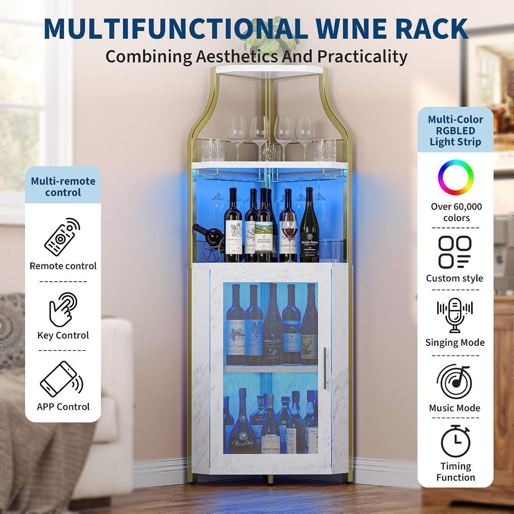 GarveeHome Corner Bar Wine Cabinet with LED Lights, 5-Tier Industrial Wine Cabinet with Glass Holder, Modern Liquor Cabinet with Adjustable Shelf, Home Bar Cabinet with Mesh Door, Gold