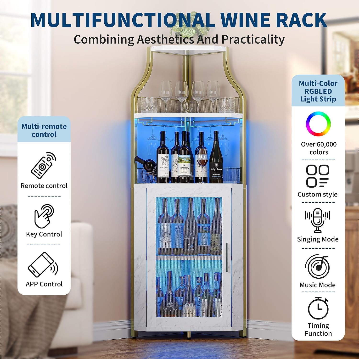 GarveeHome Corner Bar Wine Cabinet with LED Lights, 5-Tier Industrial Wine Cabinet with Glass Holder, Modern Liquor Cabinet with Adjustable Shelf, Home Bar Cabinet with Mesh Door, Gold