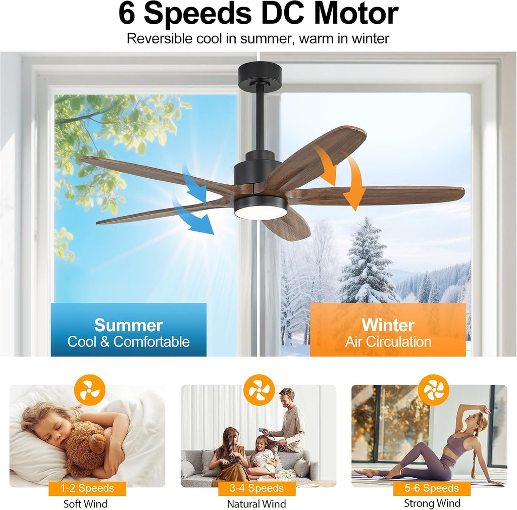 WINGBO 54' Ceiling Fan with Light - 5 Carved Solid Wood Blades, 6-Speed Reversible DC Motor, Dimmable, 3CCT, Noiseless Remote Control Ceiling Fans with Lights for Bedroom Living Room, Black and Wood