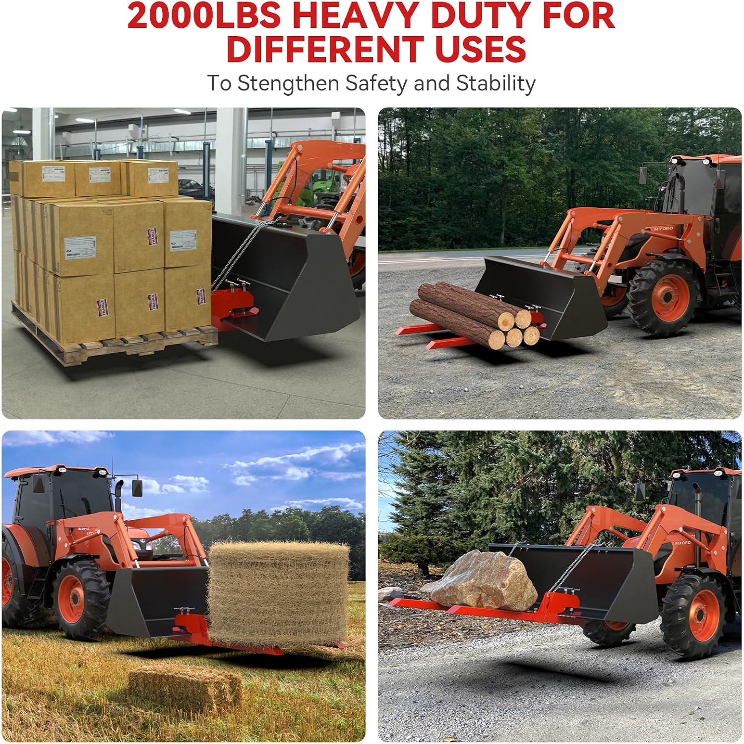 Upgraded 43' Tractor Bucket Forks,Clamp on Pallet Forks with Anti-Slip Tongue 2000LBS,Twin Screw Design,Adjustable Stabilizer Bar,Heavy Duty Skid Steer Pallet Forks for Tractor Bucket Loader, Red