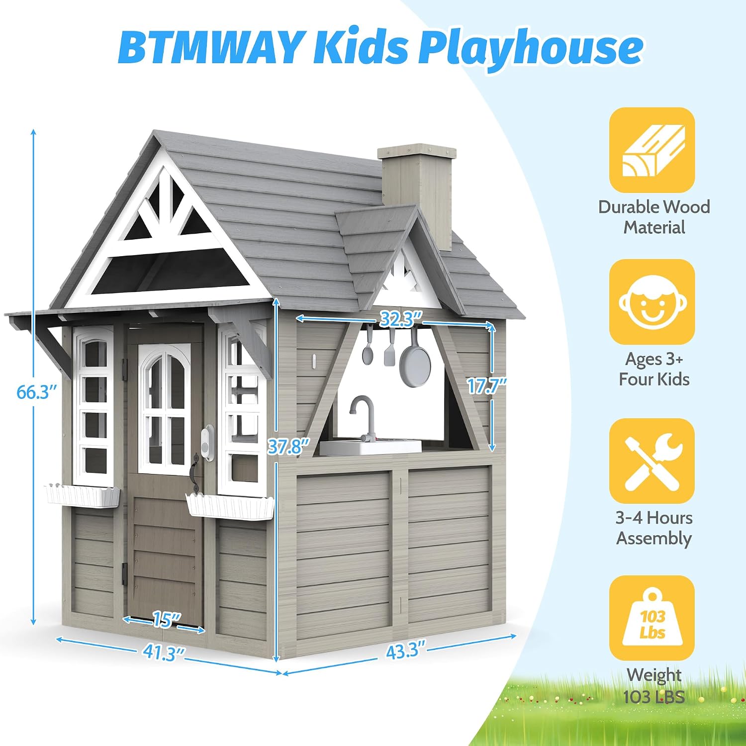 Kids Outdoor Playhouse,Cedar Gray Wooden Play House for Kids Ages 3-8, with Play Kitchen, Interactive Doorbell, Toy Phone, Sink, Flowerpot