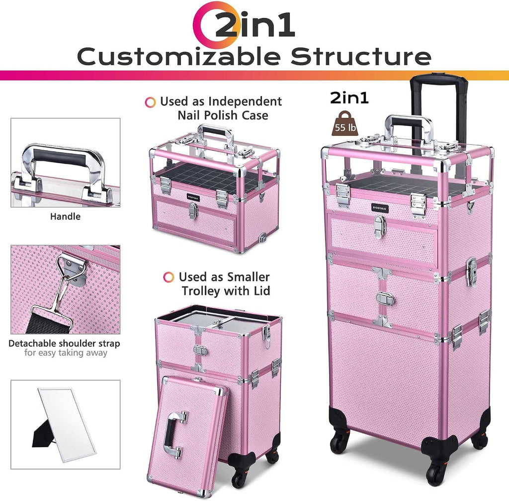 BYOOTIQUE 2in1 Nail Polish Organizer Rolling Makeup Train Case Manicure Cosmetic Trolley Travel Organizer Nail Case with Clear Lid Extendable Trays 4 removable wheels 54 Slots (Pink)