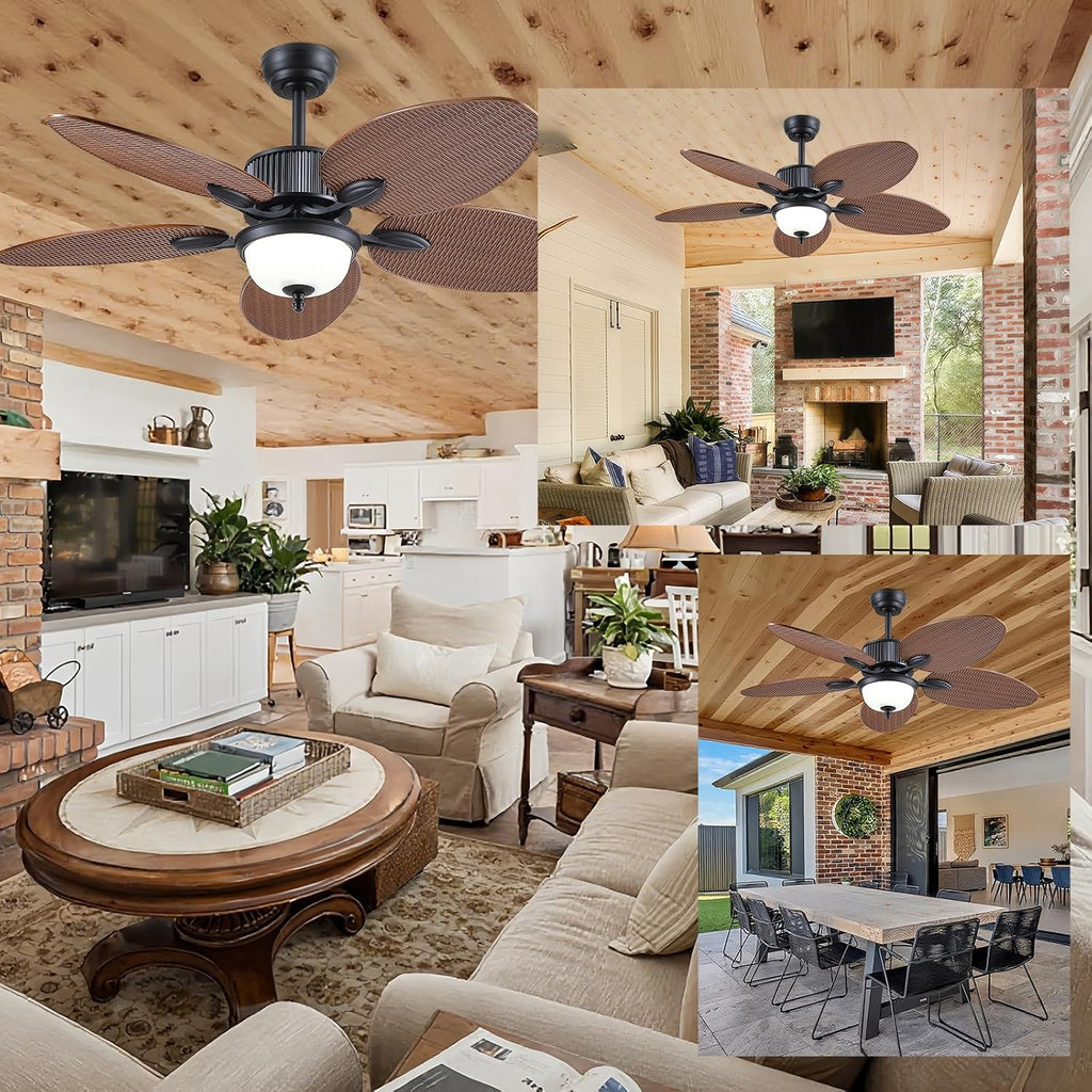 Wiviniya 50 Inch Tropical Ceiling Fans with Lights, Palm Leaf Waterproof Outdoor Ceiling Fan for Patios Porch, Remote/APP Control, Wet Rated, Glass Lampshade, Quiet DC Motor, Dimmable LED, Brown