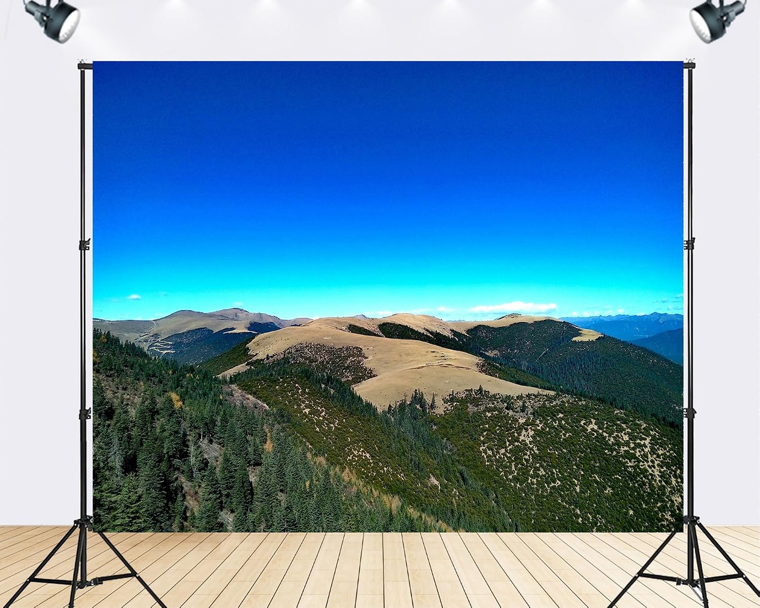 Trykid 20x10ft Vivid Turquoise Horizon Alpine Mountain Range Backdrop Scenic Pine Forest Rolling Hills Clear Sky Photography Background Nature Themed Party Decoration Photo Booth Prop Fabric