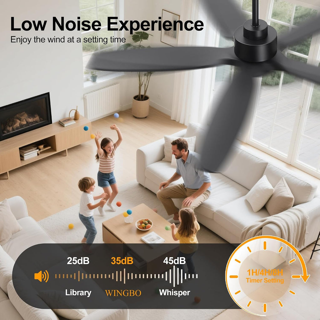 WINGBO 54' Ceiling Fan with Light - 5 Carved Solid Wood Blades, 6-Speed Reversible DC Motor, Dimmable, 3CCT, Noiseless Remote Control Ceiling Fans with Lights for Bedroom Living Room, Matte Black
