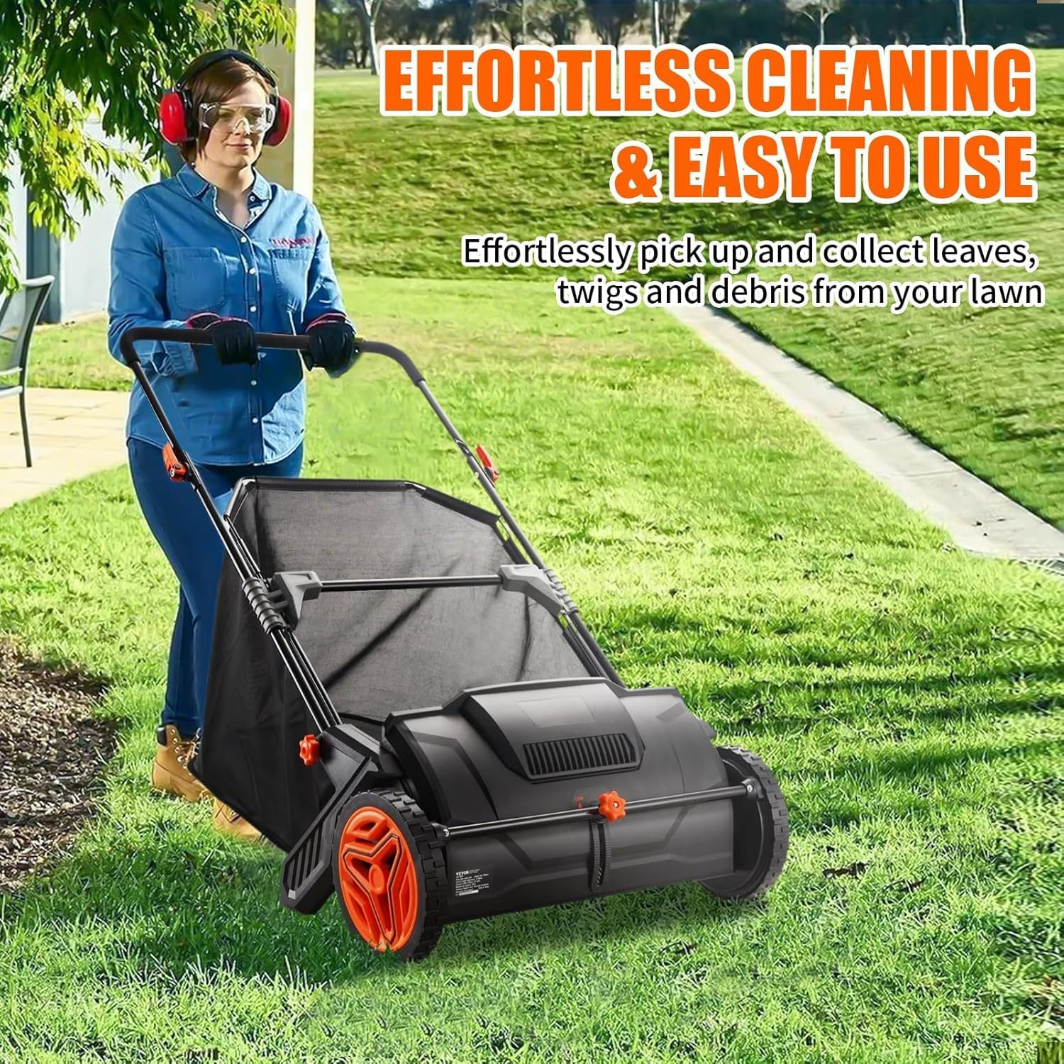 Push Lawn Sweeper, Leaf & Grass Collector with Strong Rubber Wheels & Heavy Duty Thickened Steel Durable to Use with 3.5 cu. ft. Large Mesh Collection Hopper Bag, 2 Spinning Brushes