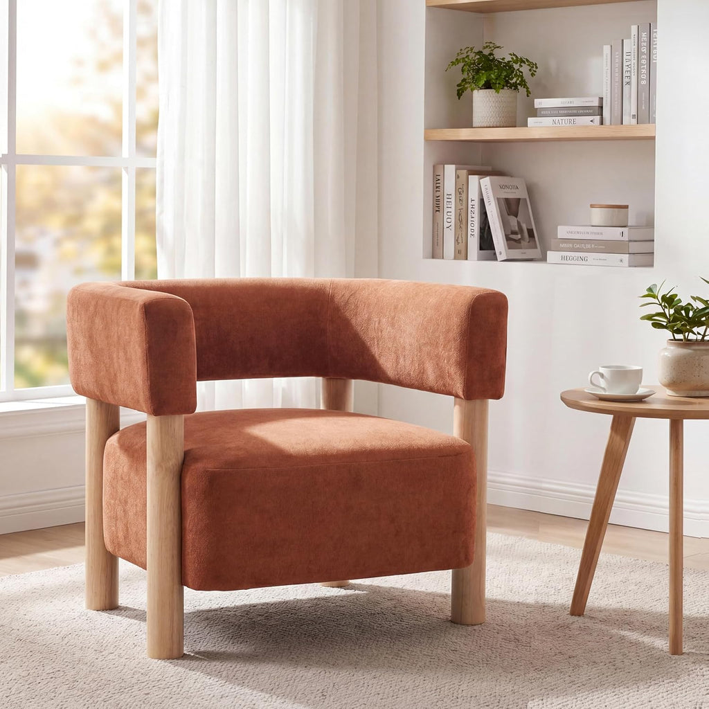 Christopher Knight Home Carly Low Profile Accent Chair, Boucle Upholstered Barrel Chair, Comfy Reading Chair for Bedroom, Wooden Single Lounge Sofa, Burnt Orange