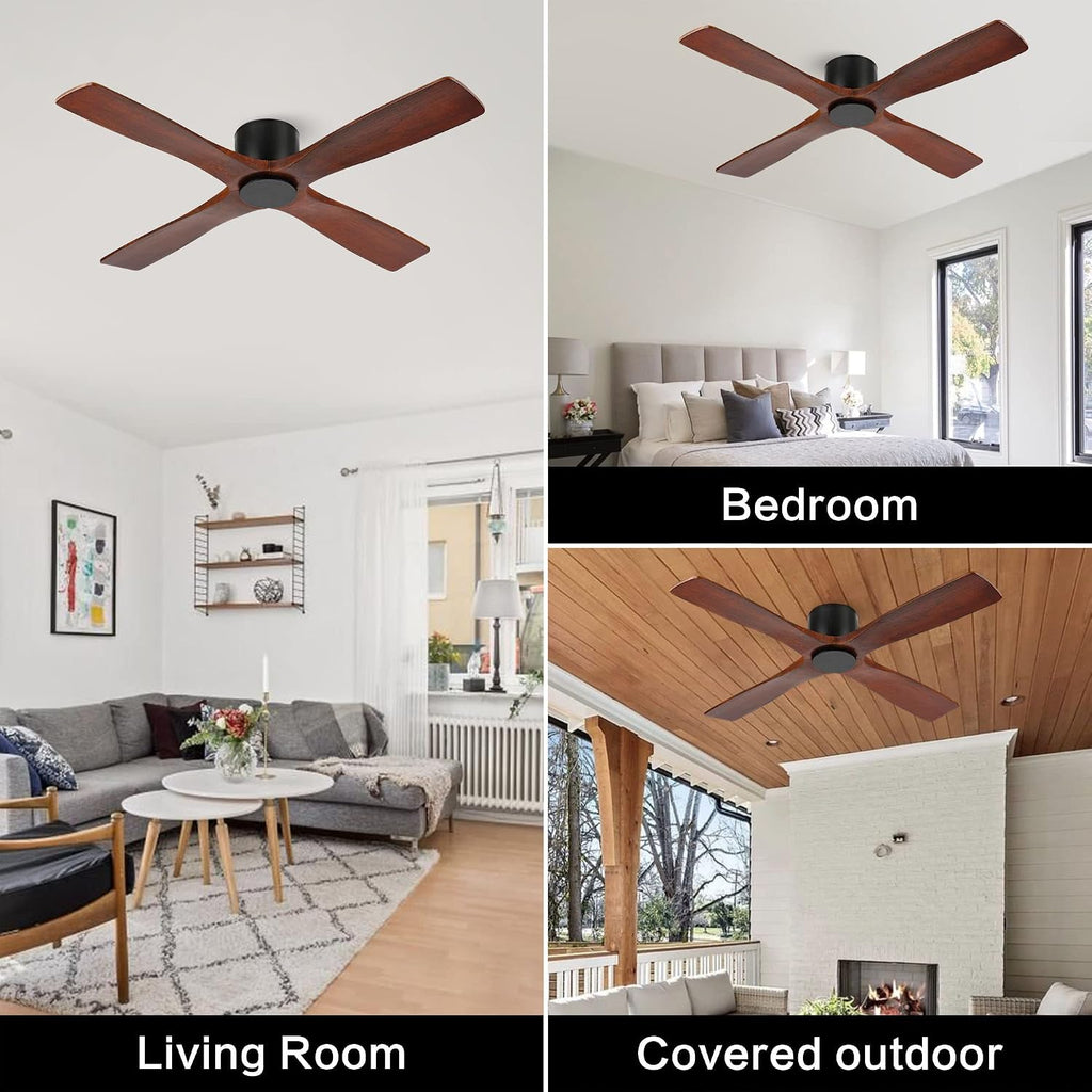 WINGBO 48 Inch Flush Mount DC Ceiling Fan without Lights, 4 Reversible Carved Wood Blades, 6-Speed Noiseless DC Motor, Hugger Ceiling Fan No Lights in Matte Black Finish with Walnut Blades, ETL Listed