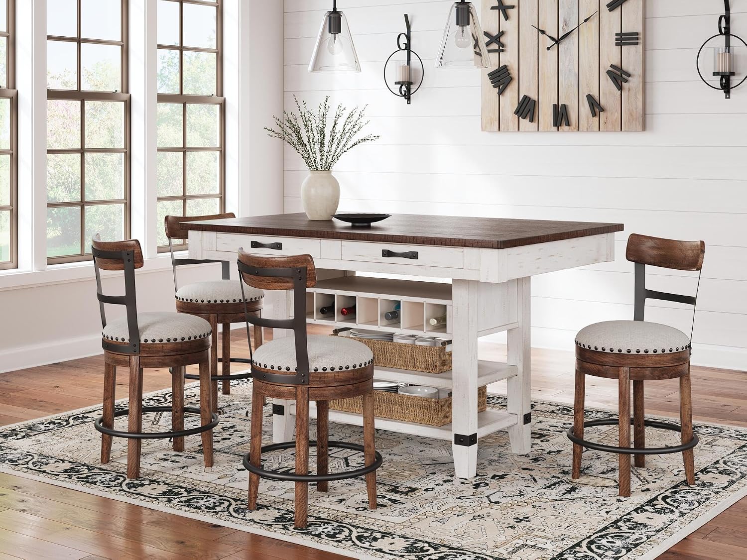 Signature Design by Ashley Valebeck Swivel Barstool With Back, Rustic-Industrial Wood and Metal, 360-Degree Swivel Counter Height Stool for Kitchen Island Seating, Linen Color