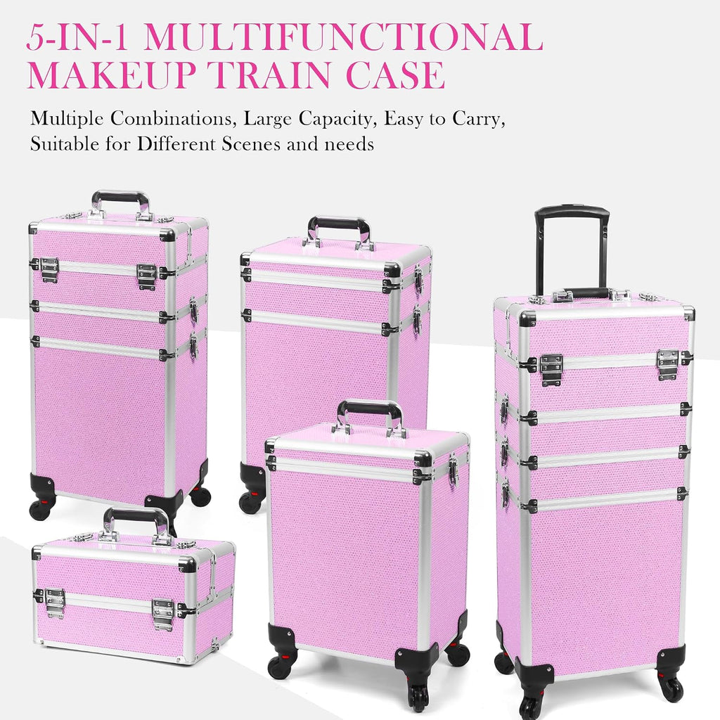 Professional Rolling Makeup Case with Wheels, 5-in-1 Makeup Train Case, Cosmetic Makeup Trolley Cart Travel Cosmetology Case On Wheels with Key for Hairstylists, Nail Tech (Pink Crystal)