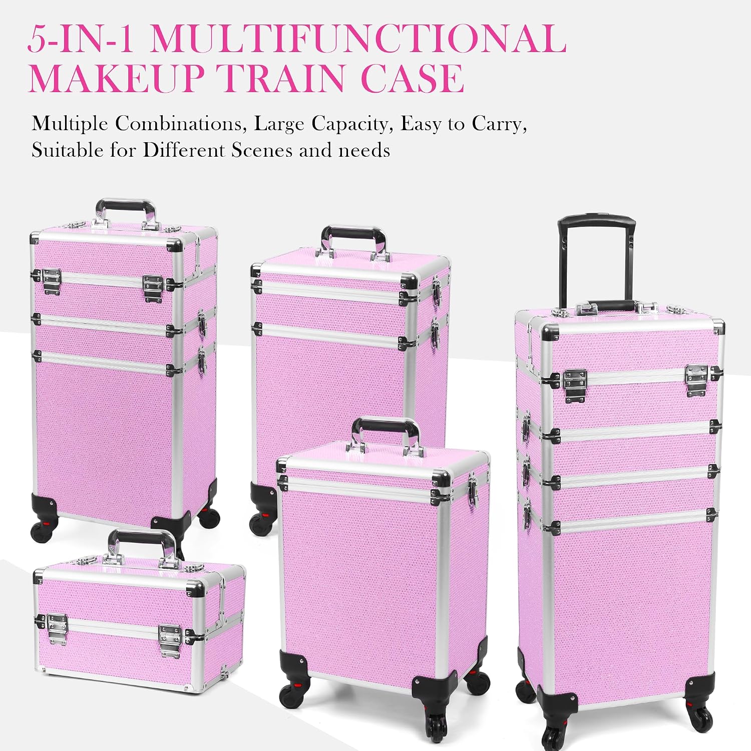 Professional Rolling Makeup Case with Wheels, 5-in-1 Makeup Train Case, Cosmetic Makeup Trolley Cart Travel Cosmetology Case On Wheels with Key for Hairstylists, Nail Tech (Pink Crystal)