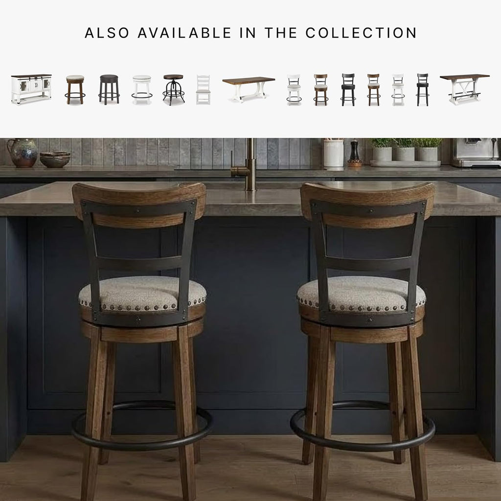 Signature Design by Ashley Valebeck Swivel Barstool With Back, Rustic-Industrial Wood and Metal, 360-Degree Swivel Counter Height Stool for Kitchen Island Seating, Linen Color
