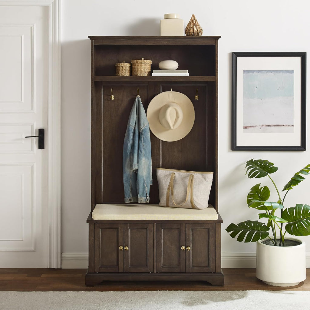 Crosley Furniture Holbrook Hall Tree with Shoe Rack Bench and Coat Hooks for Hanging Storage, Coffee