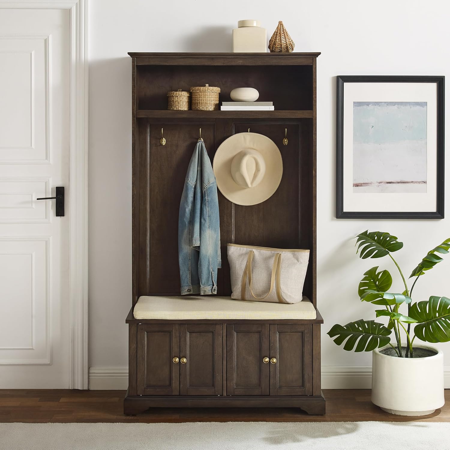 Crosley Furniture Holbrook Hall Tree with Shoe Rack Bench and Coat Hooks for Hanging Storage, Coffee