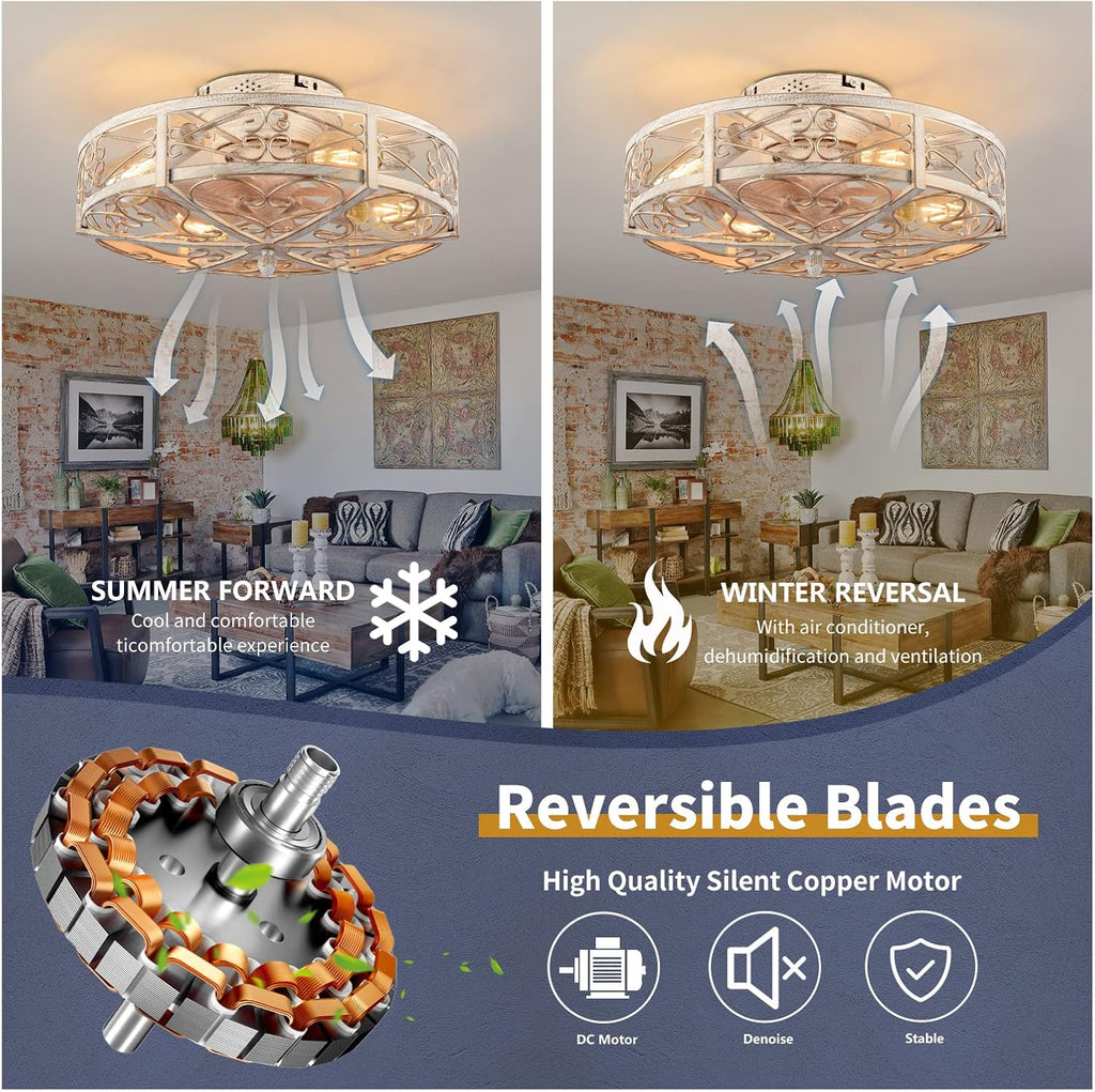 20' Caged Ceiling Fan with Light,Vintage Rustic Farmhouse Kitchen Decor,Bladeless Ceiling Fans with Lights and Remote,Low Profile Fan for Bedroom,Reversible 6 Speeds Motor,4 E26 Bulbs Included