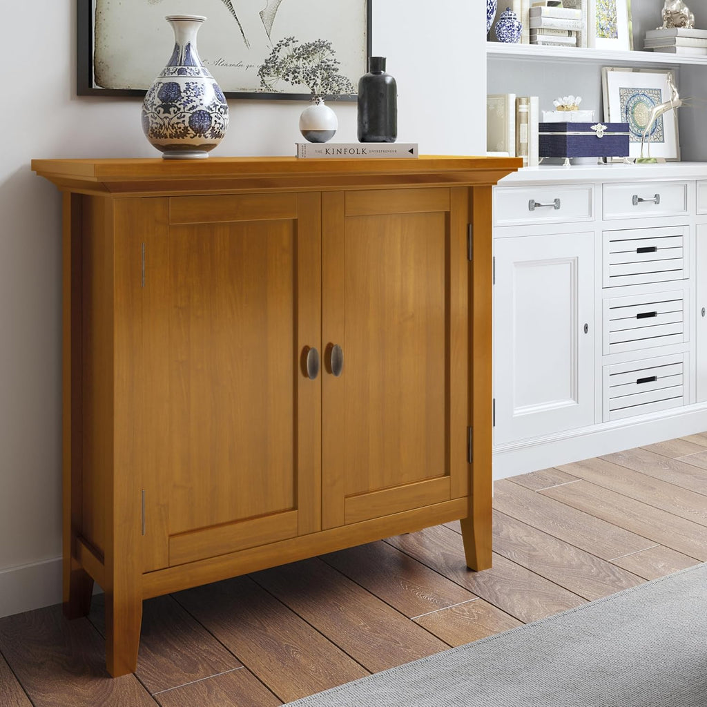 SIMPLIHOME Redmond Storage Cabinet - 32 inch Wide Solid Wood 2-Shelf Low Storage Cabinet in Light Golden Brown, Transitional Accent Cabinet for Entryway with Adjustable Shelves and Tapered Legs