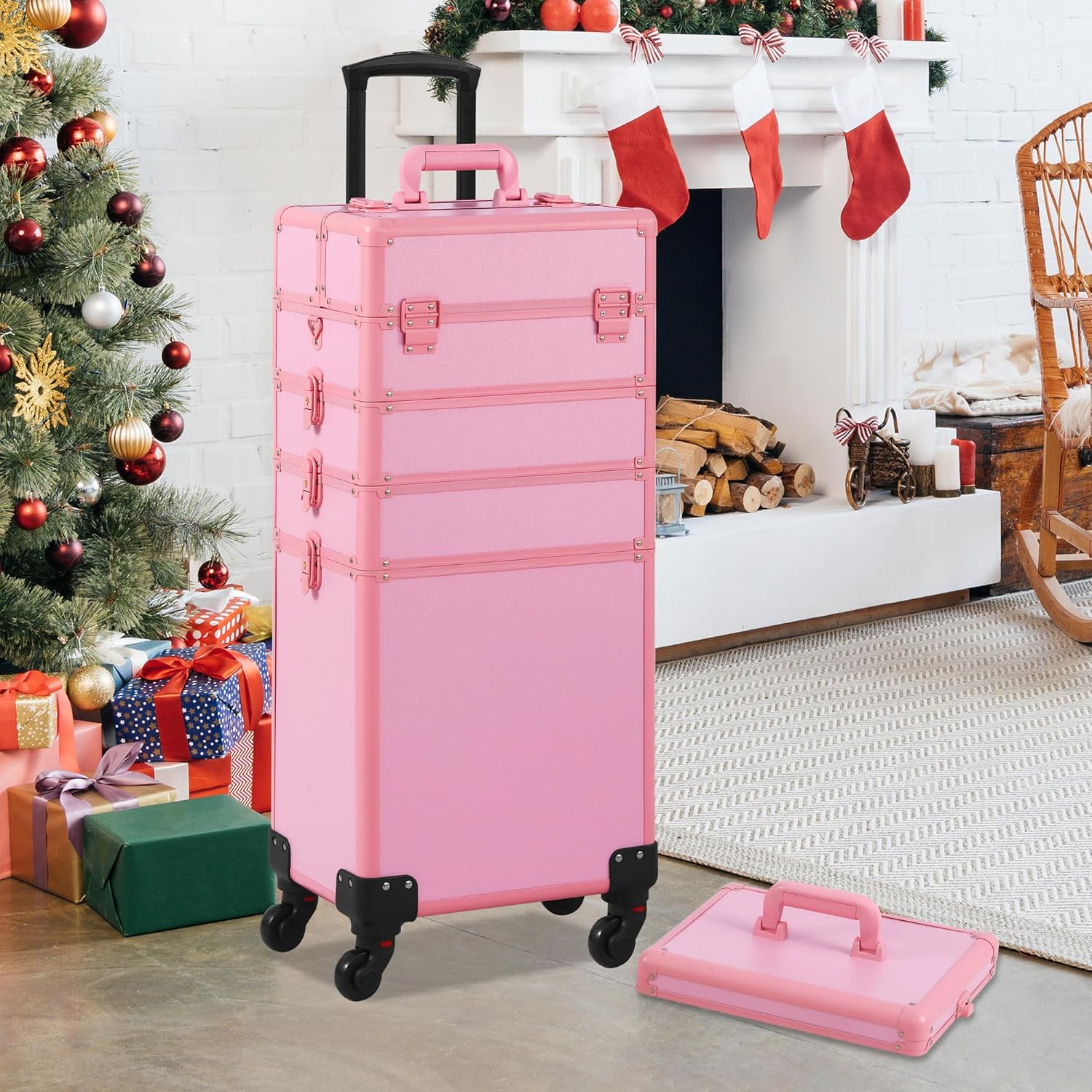 Somduy Makeup Train Case, Rolling Makeup Case with Lid, 5 in 1 Cosmetology Case on Wheels, Christmas Gift, Large Makeup Case Organizers, Profesional Cosmetic Case for Salon Barber, Pink