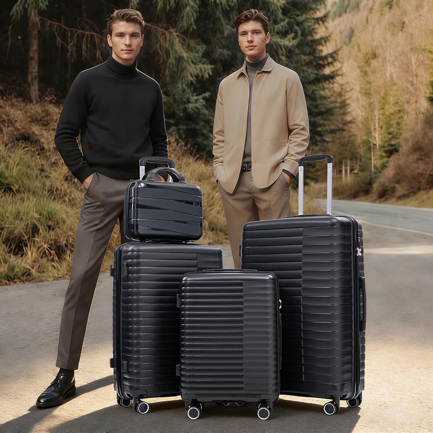 4-Piece PP Hardshell Luggage Set with 14' Cosmetic Case, 20'/24'/28' Spinner Suitcases, Carry On with Iron Telescopic Handle, Combination Lock, 360° Double Silent Wheels, Waterproof Travel Set, Black