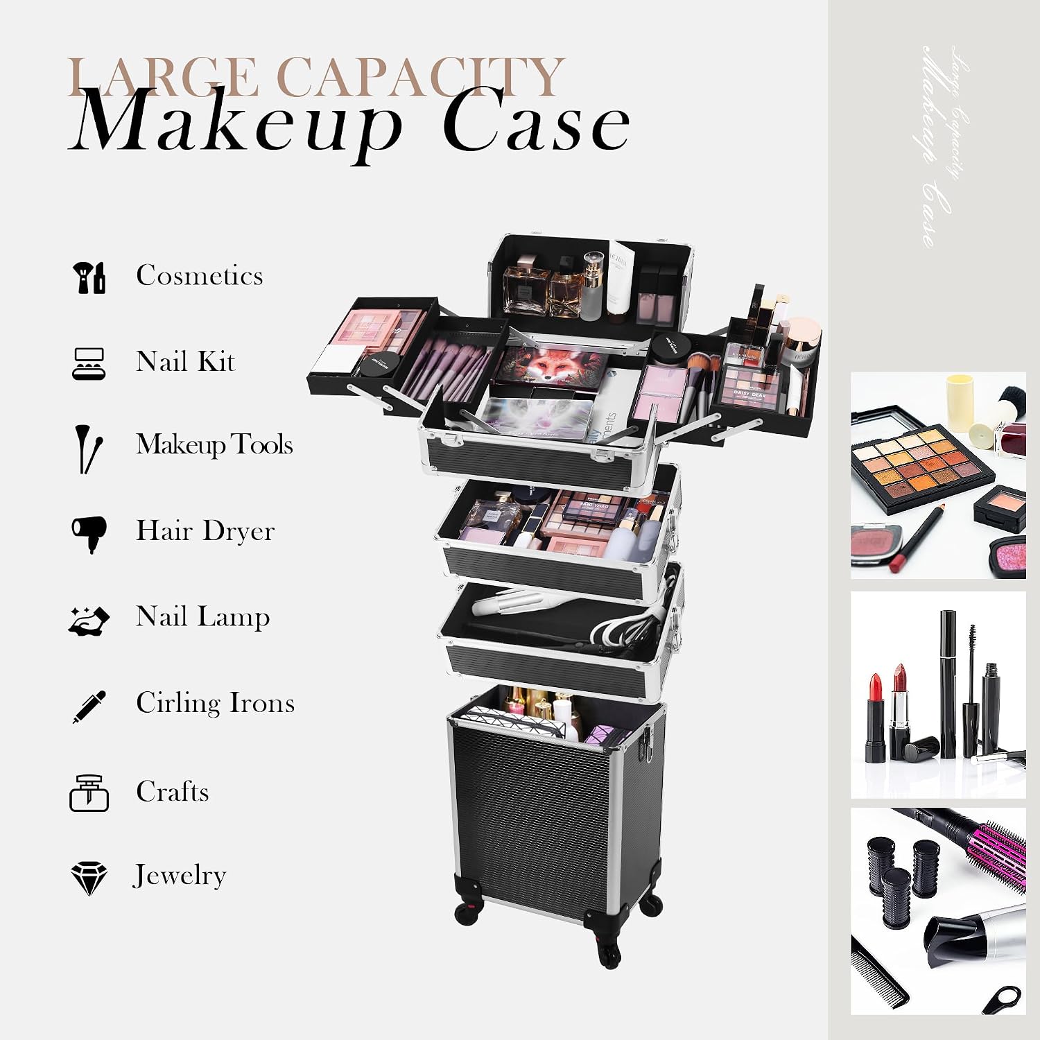 5-in-1 Rolling Makeup Train Case, Large Professional Cosmetic Trolley Organizer on Wheels with 360° Swivel Wheels, Lockable Black Aluminum Travel Case for Makeup Artists, Nail Techs & Hairstylists