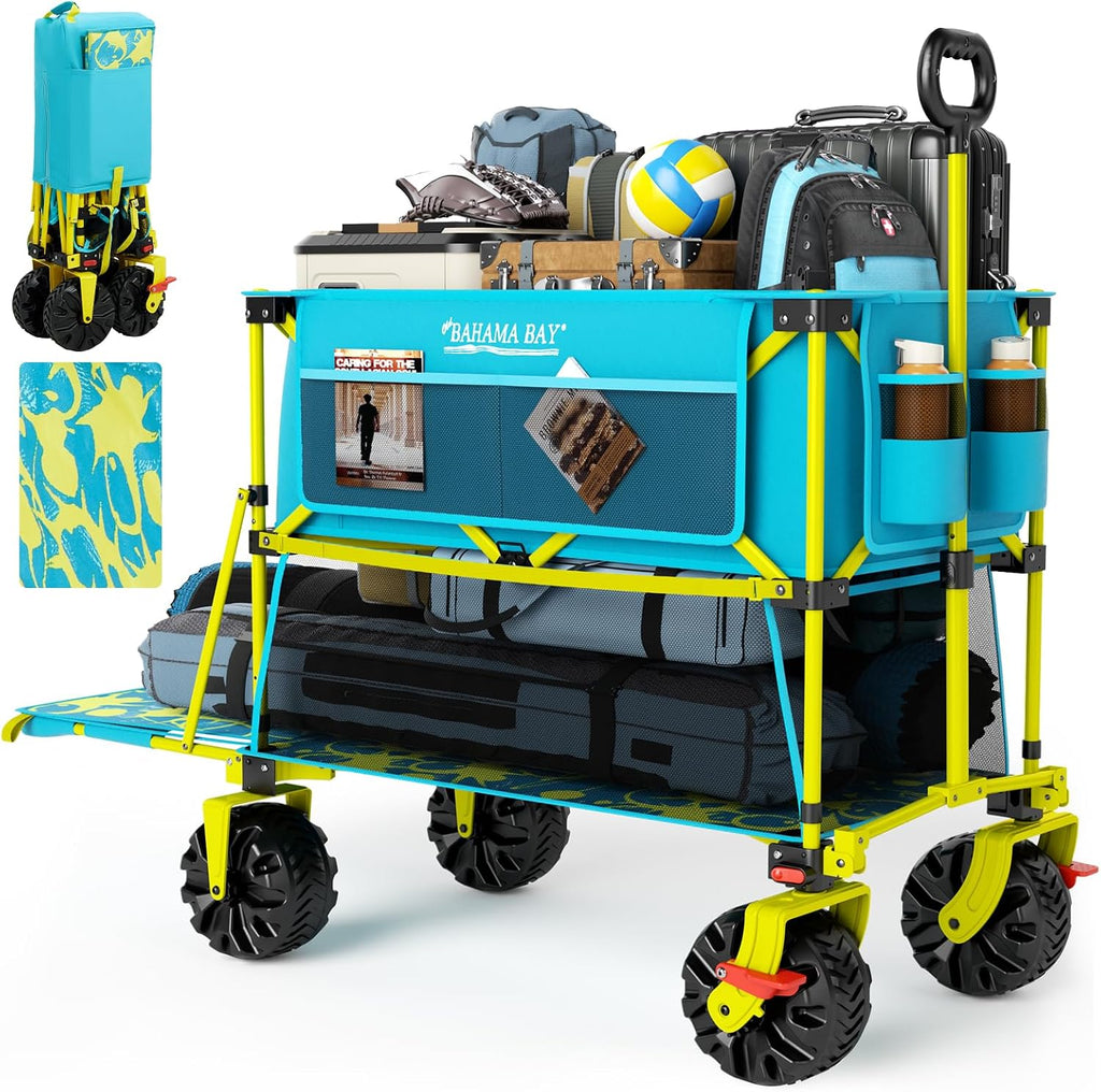 Old Bahama Bay 400L Collapsible Double Decker Beach Wagon with Brakes, Folding Beach Cart with 54' Extra Long Decker, 450LBS Heavy Duty Wagon Chart with All-Terrain Big Wheels for Sand Camping Garden