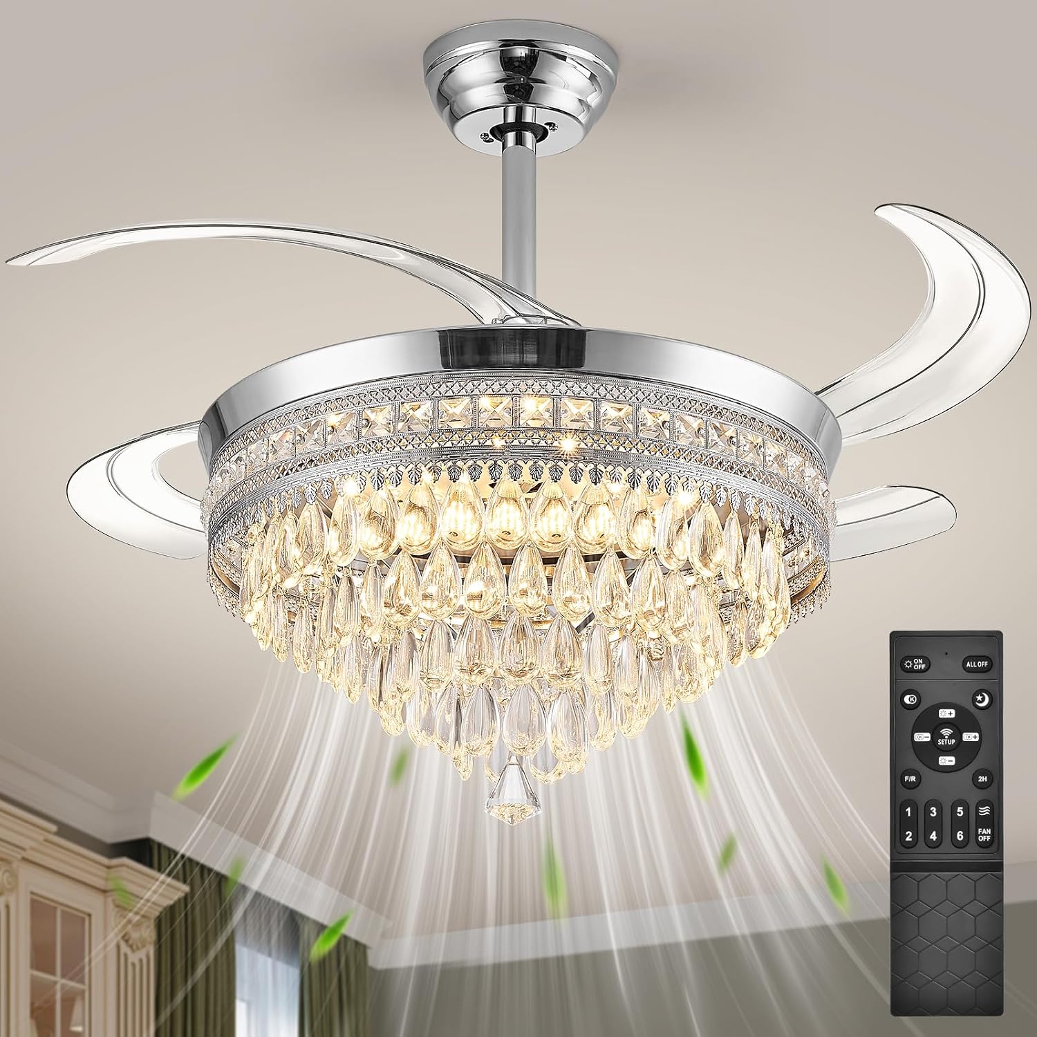 Baotree Chandelier Ceiling Fan with Lights and Remote,42 Inch Modern Flush Mount for Bedroom Indoor, Dimmable LED,Bluetooth Connection,Energy Efficient Quiet Retractable Blades (42 in White)