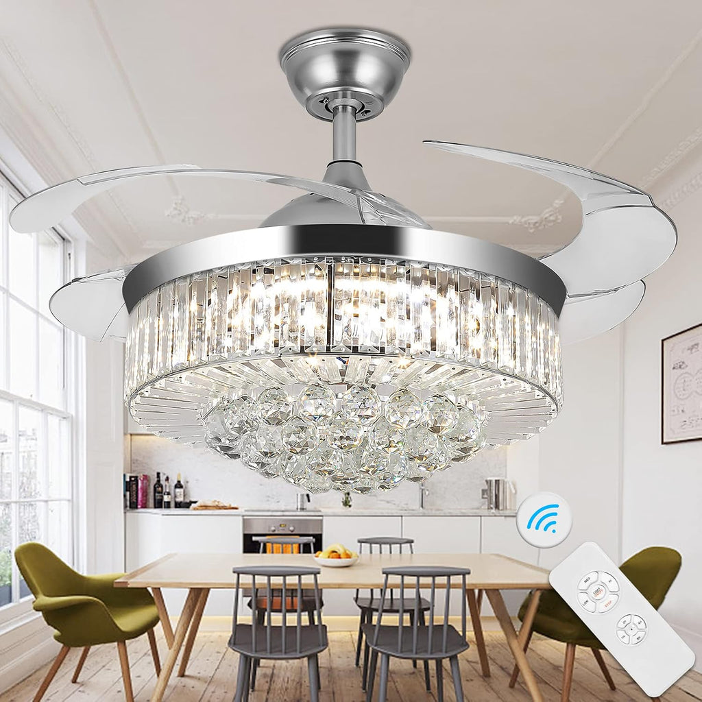WWahuayuan 36' Chandelier Ceiling Fan Light, Modern Retractable Invisible Ceiling Fan Light Remote Control 4 Retractable ABS Blades for Bedroom Living Room Dining Room Decoration