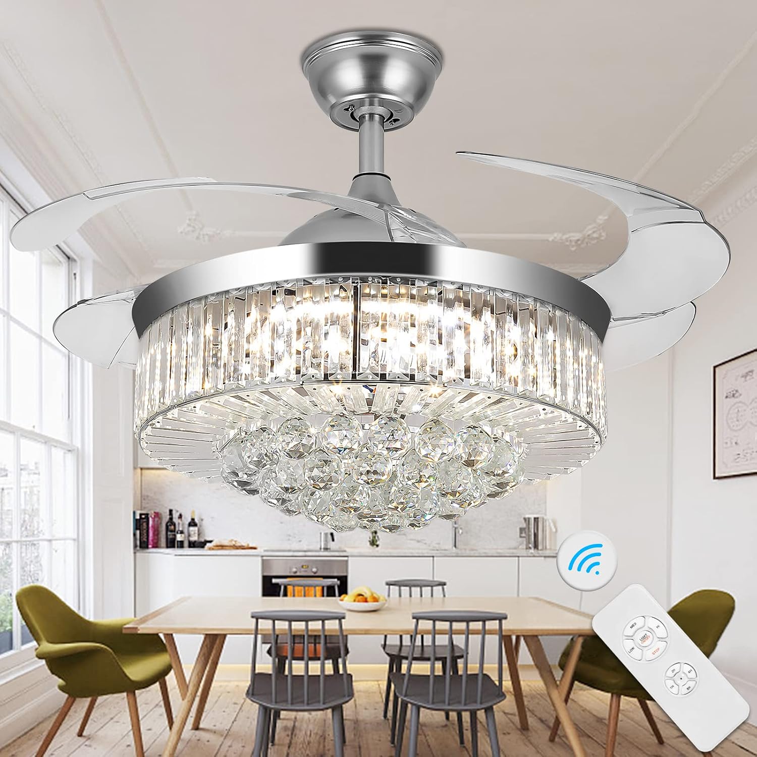 WWahuayuan 36' Chandelier Ceiling Fan Light, Modern Retractable Invisible Ceiling Fan Light Remote Control 4 Retractable ABS Blades for Bedroom Living Room Dining Room Decoration