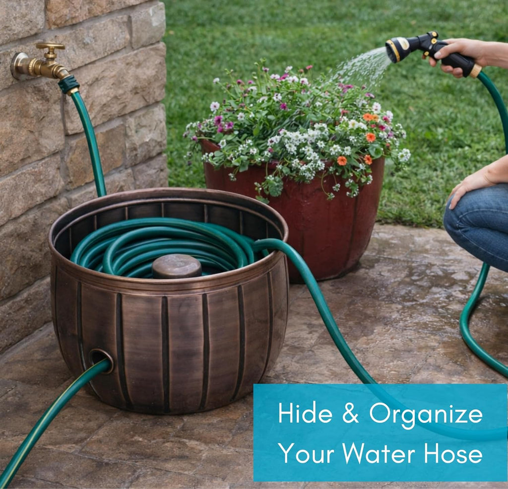 BIRDROCK HOME Water Hose Holder - Decorative Metal Pot, Indoor or Outdoor, Garden Storage Organizer, Patio Portable Bucket - Antique Copper, Holds up to 100ft Hoses, Medium No Lid