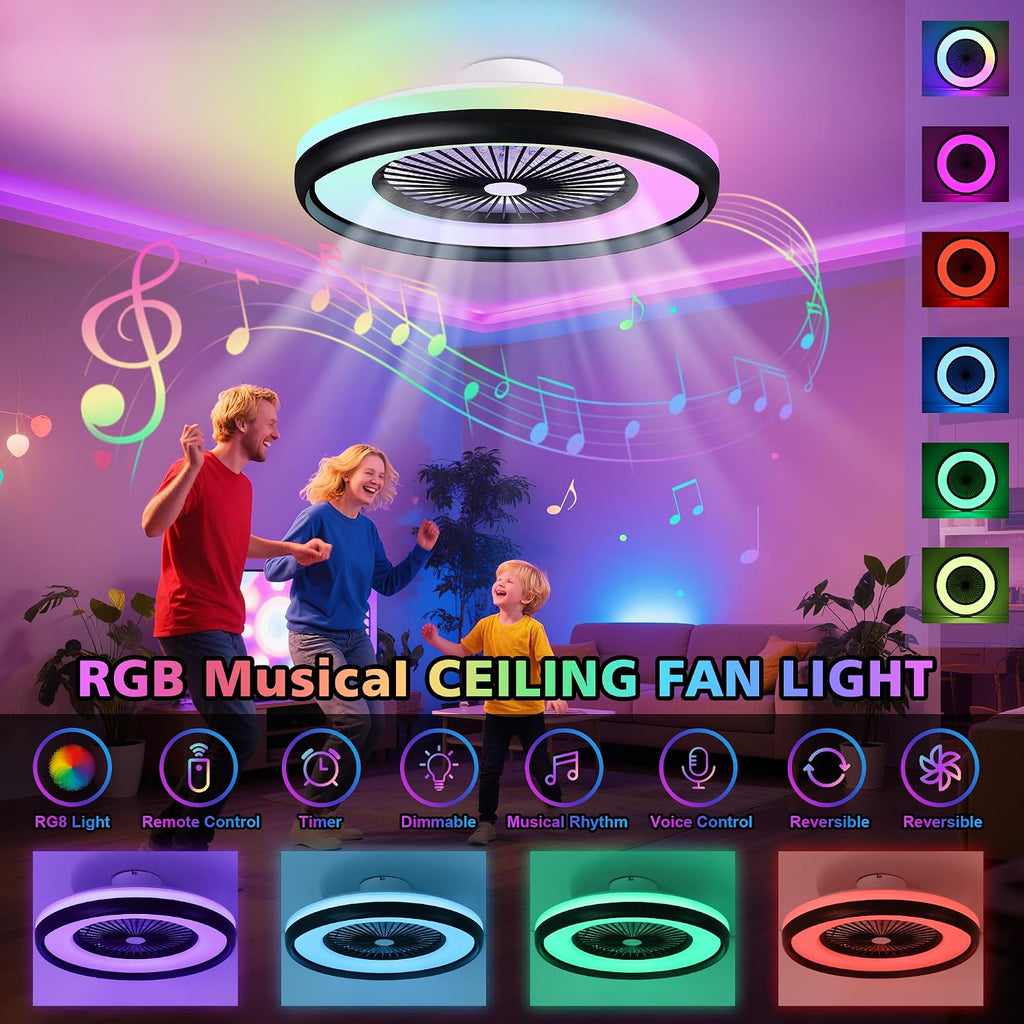 24' Bladeless Ceiling Fans with RGB Light, Low Profile Ceiling Fan with Light, Smart Modern Ceiling Fan with App/Remote/Voice Control, 3 Dimmable LED Light for Bedroom, Living Room Black