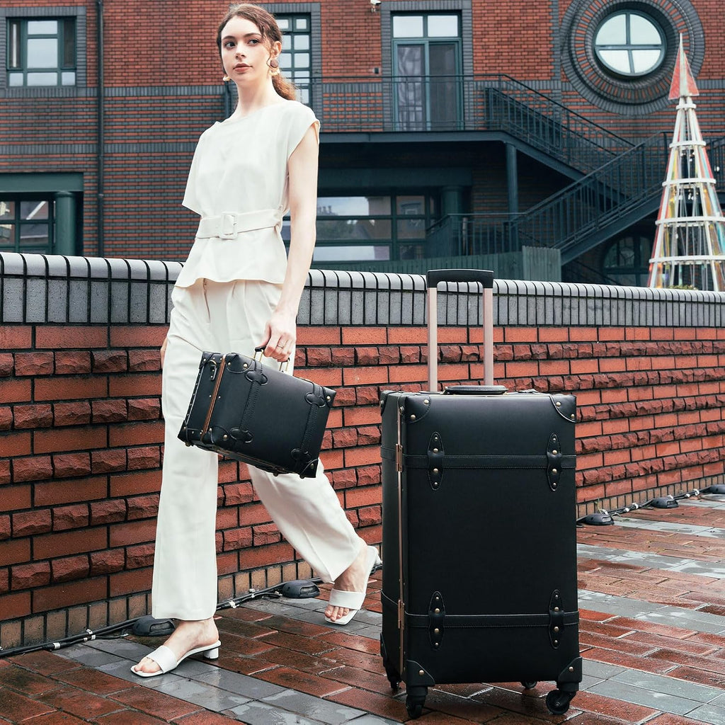 urecity Designer Vintage Trunk Combination Luggage Sets of 2 Piece, Hard Shell Retro Travel Suitcase with Wheels (Black, 20'+12')