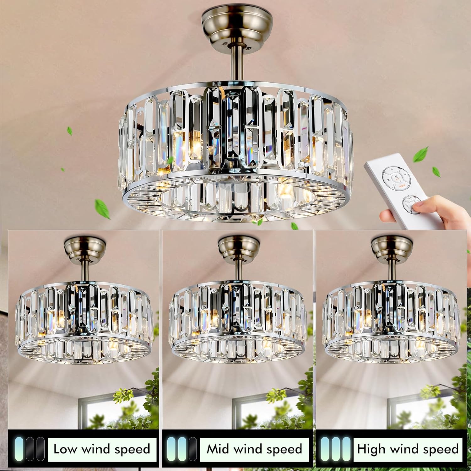 18' Crystal Chandelier Ceiling Fan with Light and Remote, Industrial Enclosed Bladeless Silver Fandelier Ceiling Fan 3 Speeds Timer for Farmhouse Kitchen Island