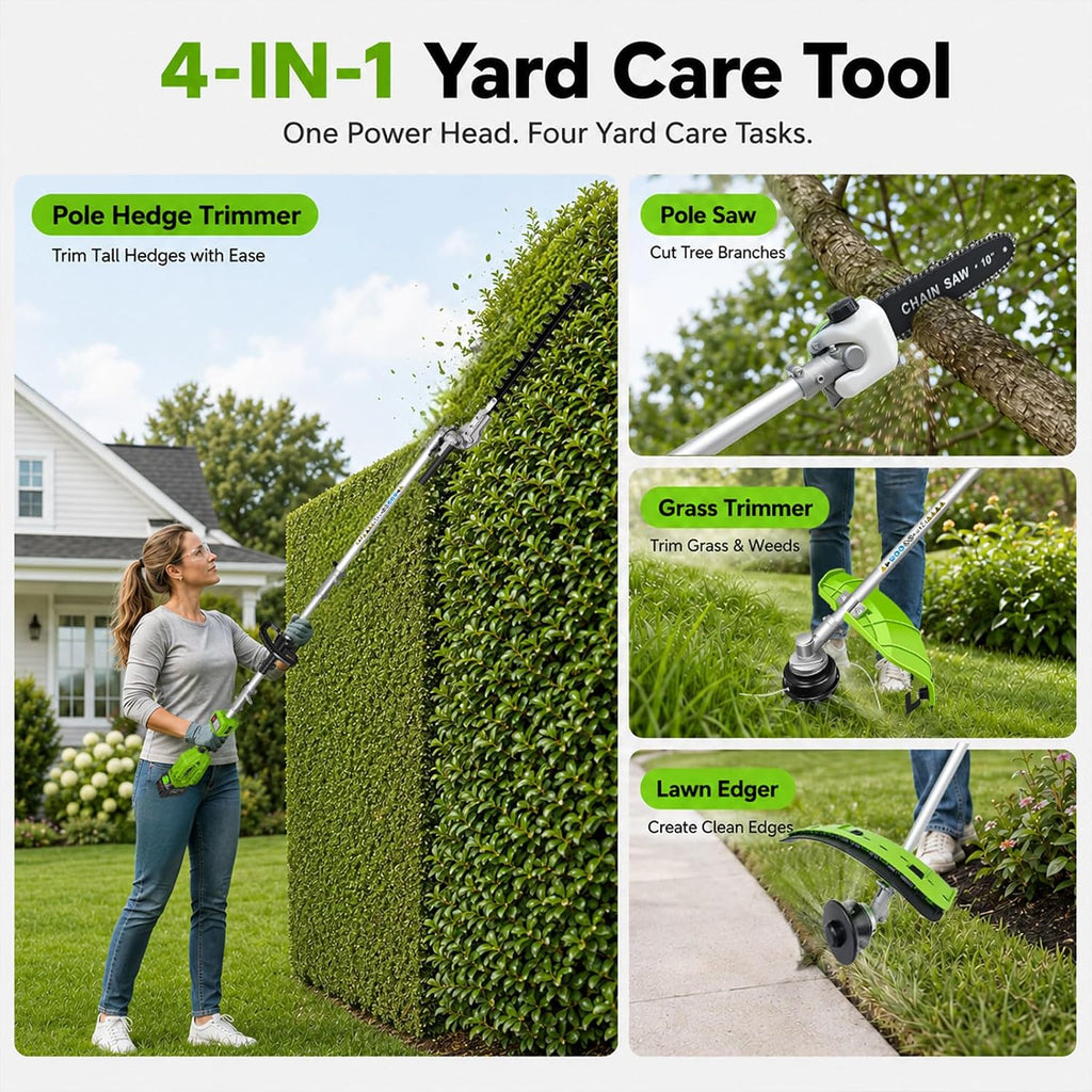 4-in-1 Cordless Pole Hedge Trimmer, Pole Saw, Weed Wacker, String Trimmer Edger & Brush Cutter Kit with 2 x 5.0Ah Batteries