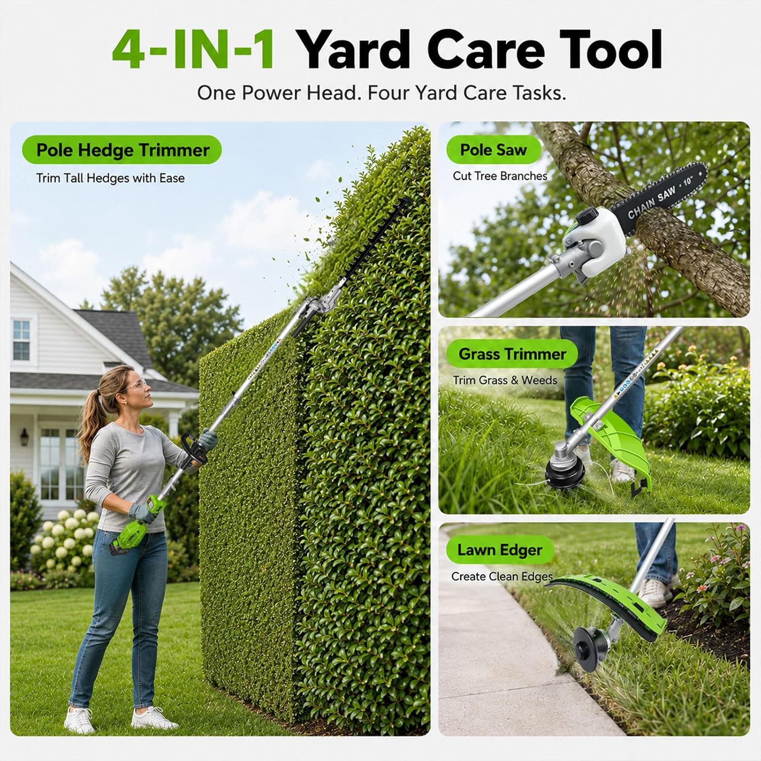 4-in-1 Cordless Pole Hedge Trimmer, Pole Saw, Weed Wacker, String Trimmer Edger & Brush Cutter Kit with 2 x 5.0Ah Batteries