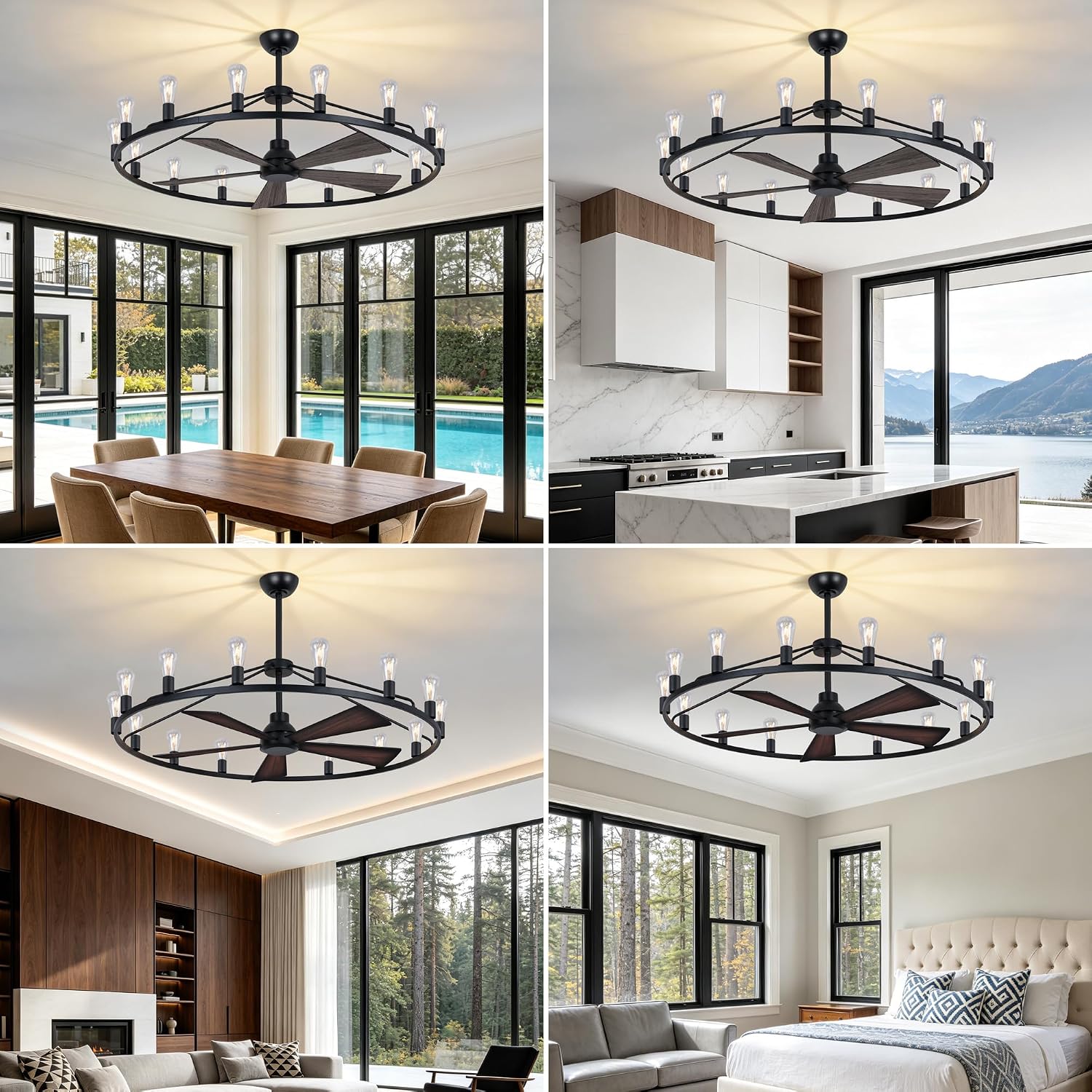 She's home 50' Wagon Wheel Chandelier with Fans, Black Large Farmhouse Ceiling Fan with Light and Remote, 15-Lights Round Rustic Fandelier for Living Room, Dining Room, Height Adjustable