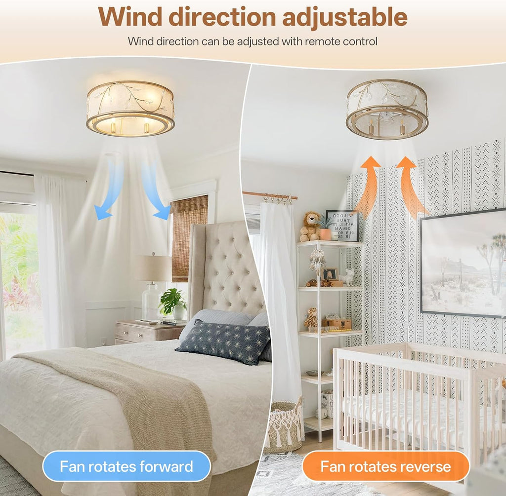 Caged Flush Mount Ceiling Fans with Lights, 20' Gold Boho Ceiling Fan, Low Profile Crystal Ceiling Fan with Light Remote Control, Small Mid Century Bladeless for Bedroom(6 E12 Bulb Include)
