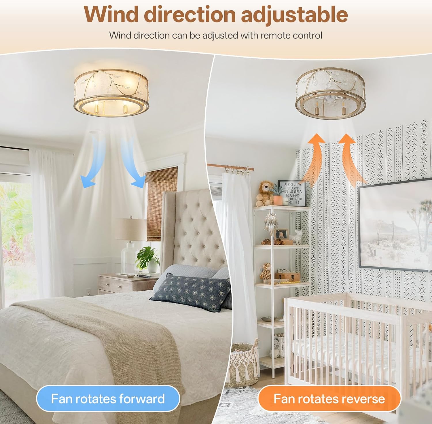 Caged Flush Mount Ceiling Fans with Lights, 20' Gold Boho Ceiling Fan, Low Profile Crystal Ceiling Fan with Light Remote Control, Small Mid Century Bladeless for Bedroom(6 E12 Bulb Include)