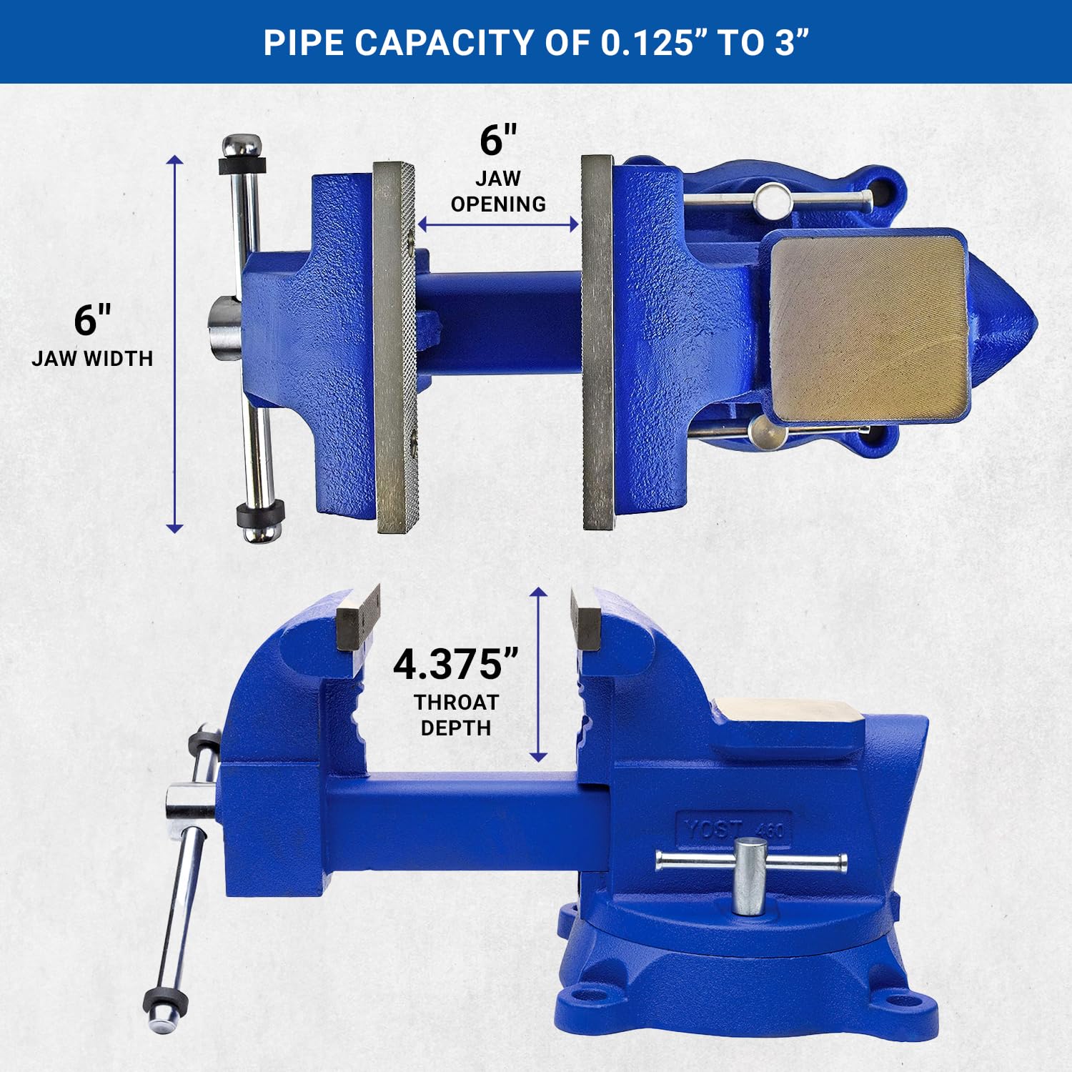 Yost Vises 460 Combination Vise | 6 Inch Jaw Width Heavy-Duty Utility Pipe and Bench Vise |Secure Grip with Swivel Base| Made with Cast Iron and Steel U Channel Bar | Blue