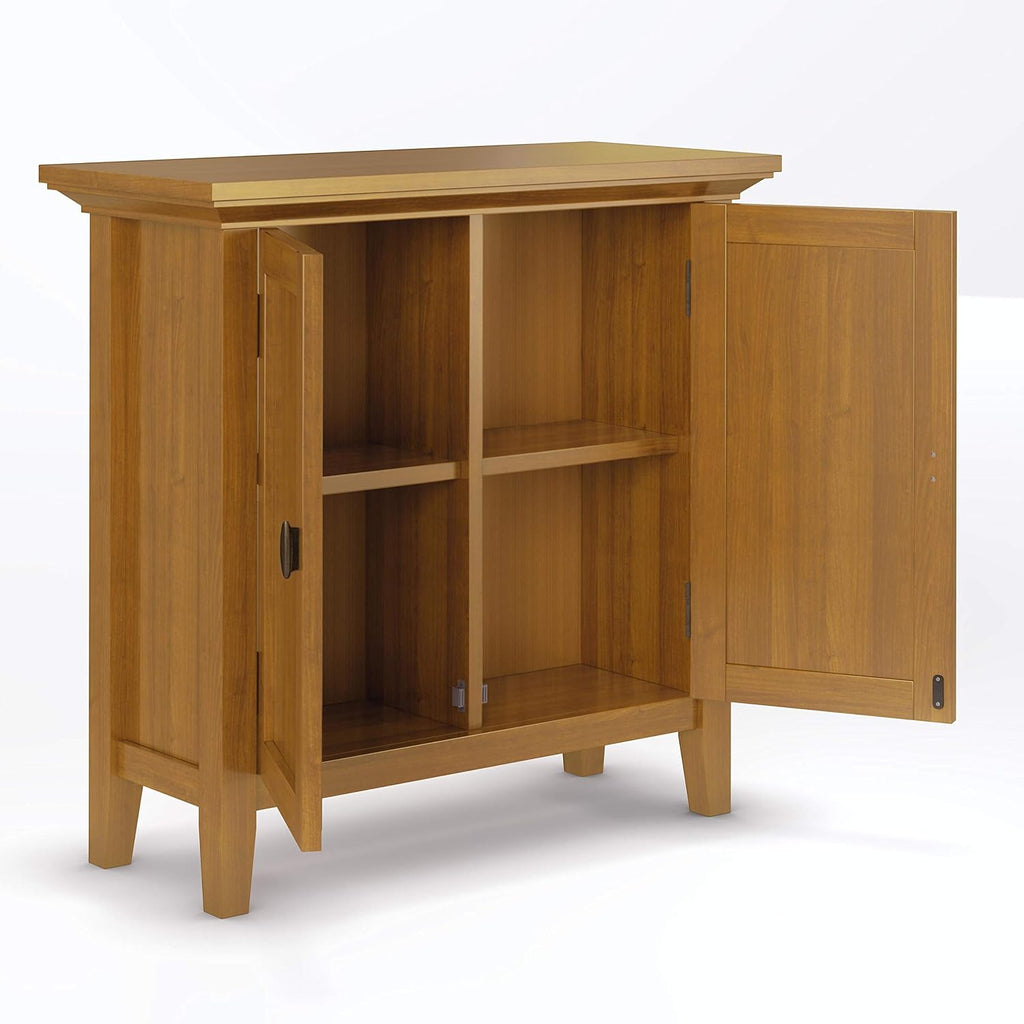 SIMPLIHOME Redmond Storage Cabinet - 32 inch Wide Solid Wood 2-Shelf Low Storage Cabinet in Light Golden Brown, Transitional Accent Cabinet for Entryway with Adjustable Shelves and Tapered Legs