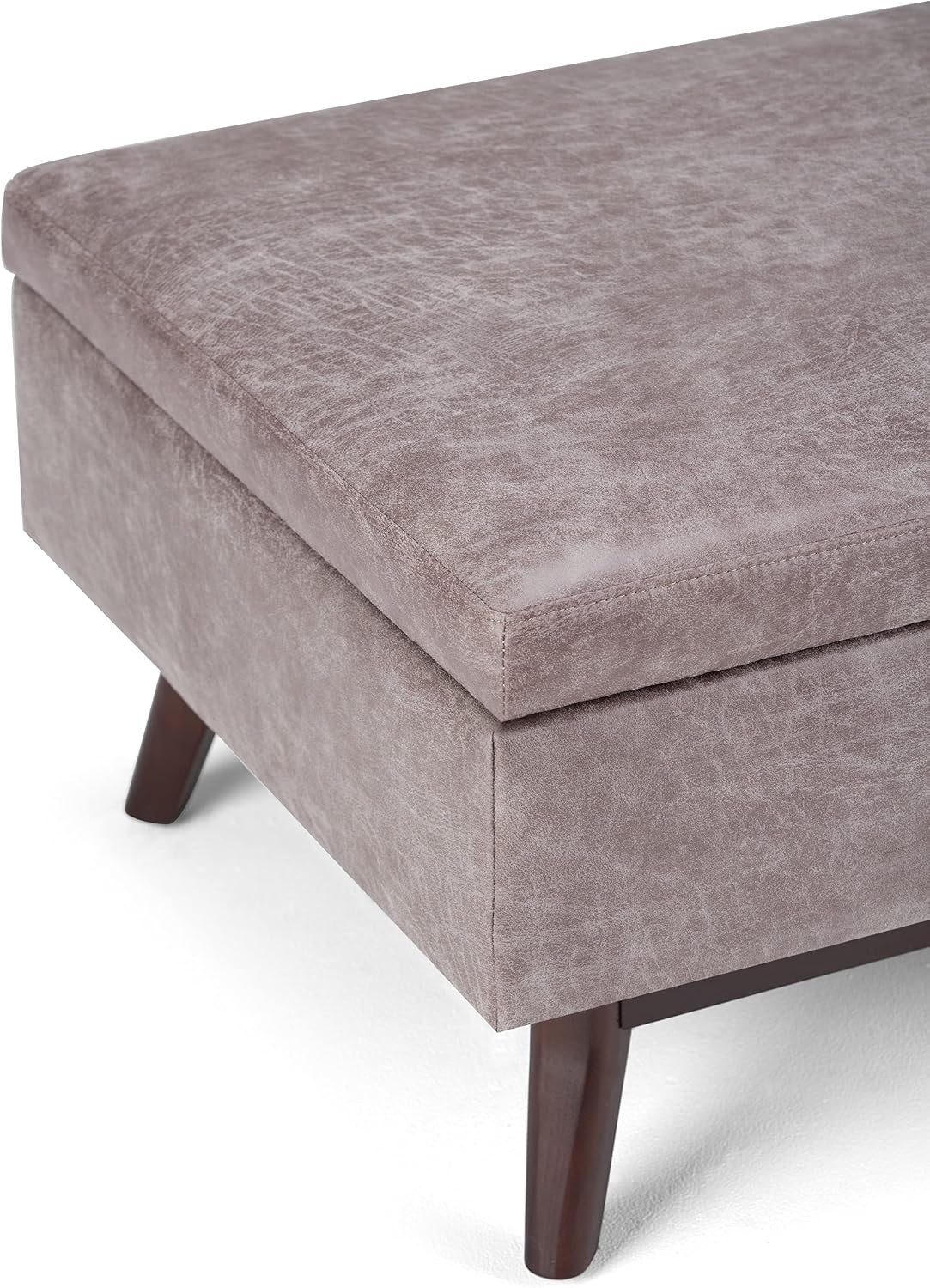 SIMPLIHOME Owen Coffee Table Storage Ottoman - 34' Wide x 19' High Upholstered Vegan Leather Rectangular Lift-Top Ottoman in Distressed Grey Taupe, Mid-Century Modern Bench with Tapered Legs