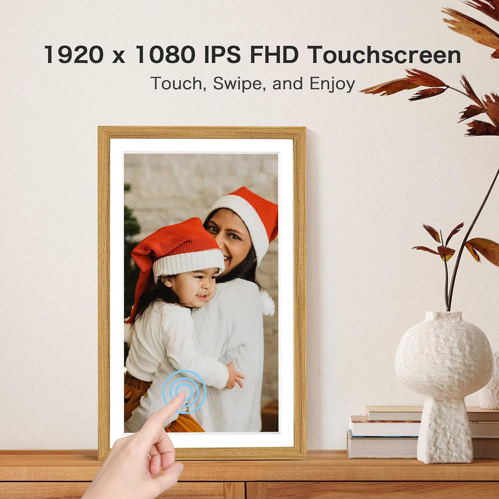 Digital Picture Frame, Frameo 15.6 Inch Large Digital Photo Frame WiFi, 1920 * 1080 IPS FHD Touchscreen, 32GB, Tabletop&Wall-Mounted, Share Video Picture, Electric Frame, Mom Gifts, Natural Woodgrain