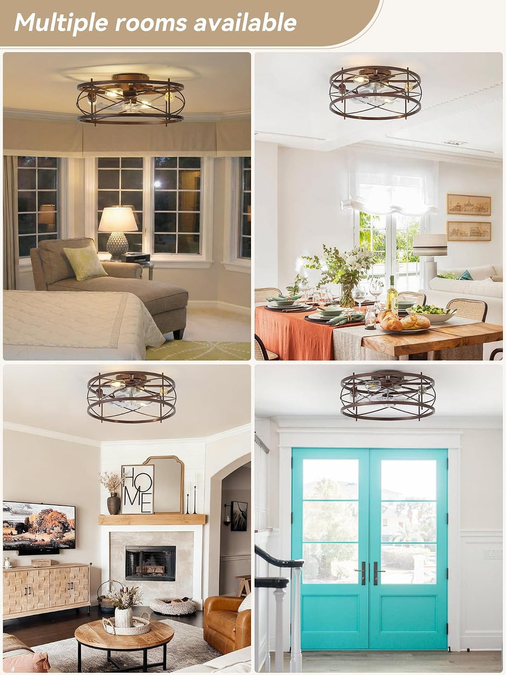 20' Brown Ceiling Fan with Light Flush Mount, Farmhouse Caged Ceiling Fans with Lights and Remote, Bladeless Low Profile Ceiling Fan with 6 Speeds for Bedroom, Living Room, Nursery