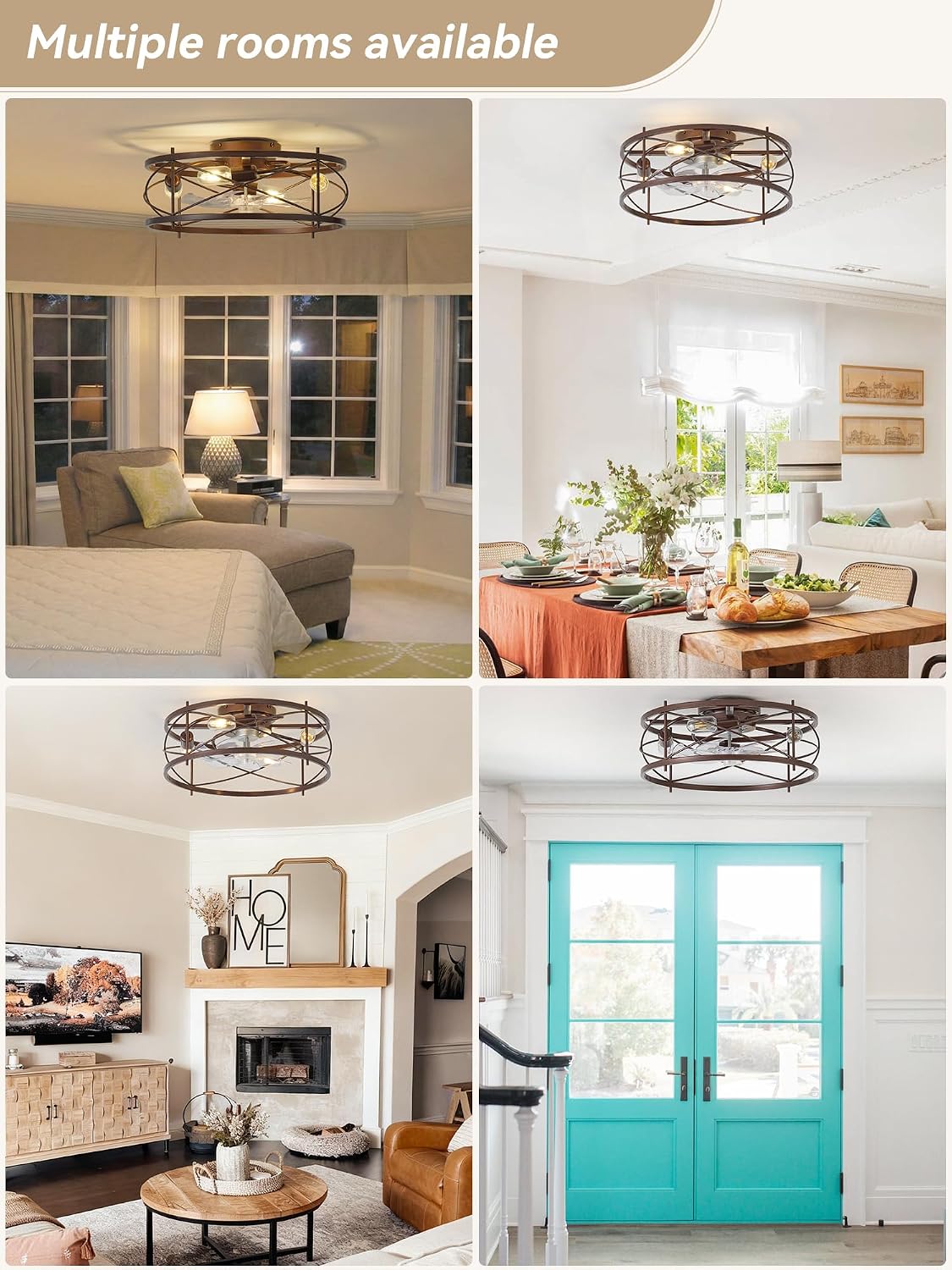 20' Brown Ceiling Fan with Light Flush Mount, Farmhouse Caged Ceiling Fans with Lights and Remote, Bladeless Low Profile Ceiling Fan with 6 Speeds for Bedroom, Living Room, Nursery