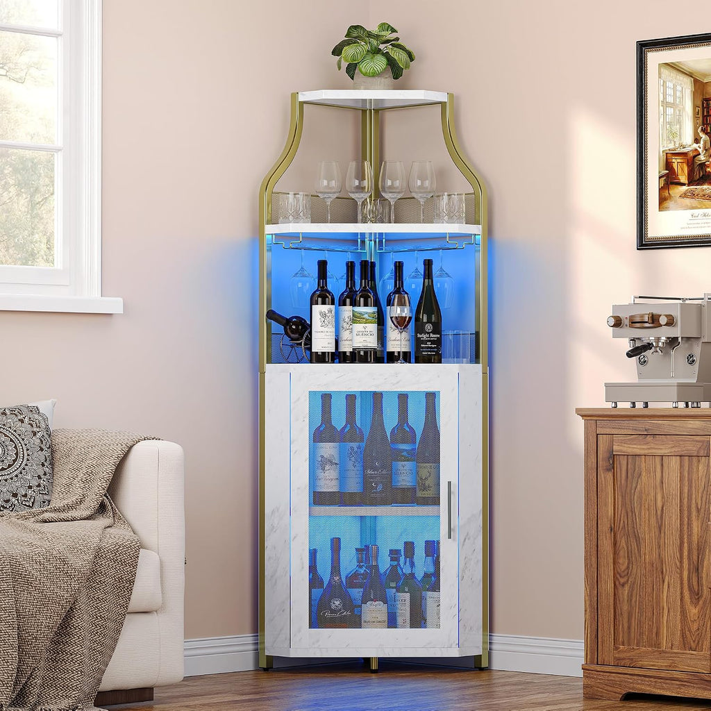 GarveeHome Corner Bar Wine Cabinet with LED Lights, 5-Tier Industrial Wine Cabinet with Glass Holder, Modern Liquor Cabinet with Adjustable Shelf, Home Bar Cabinet with Mesh Door, Gold